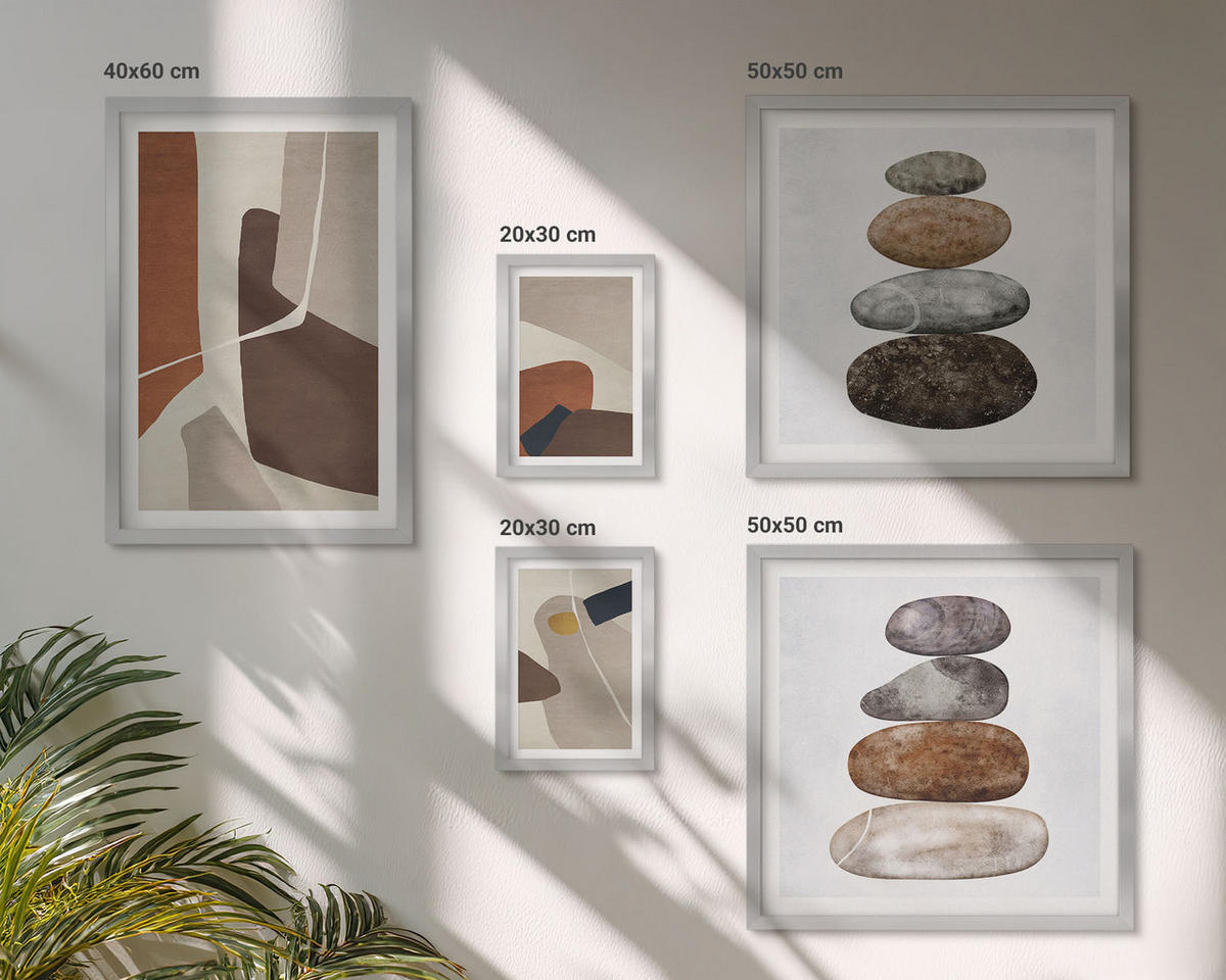 WANDBILDER 5er Set - 50x50 cm & 20x30 cm & 40x60 cm Silberner Rahmen - Abstrakte Boho-Formen - Silberfarben, Kunststoff (40/60cm) - ArtPrintCave