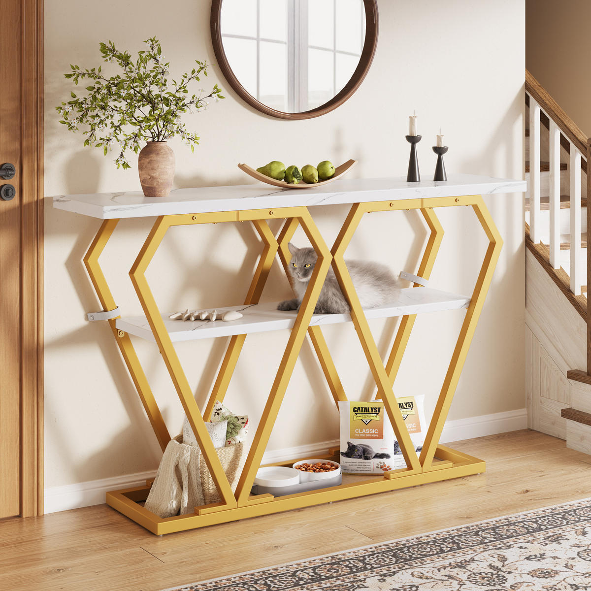 BEISTELLTISCH aus MDF und Metall 120x29,5x80 cm Weiß/Gold mit Ablage in Marmoroptik - Weiß, Holzwerkstoff (120/29.5/80cm) - Modfu
