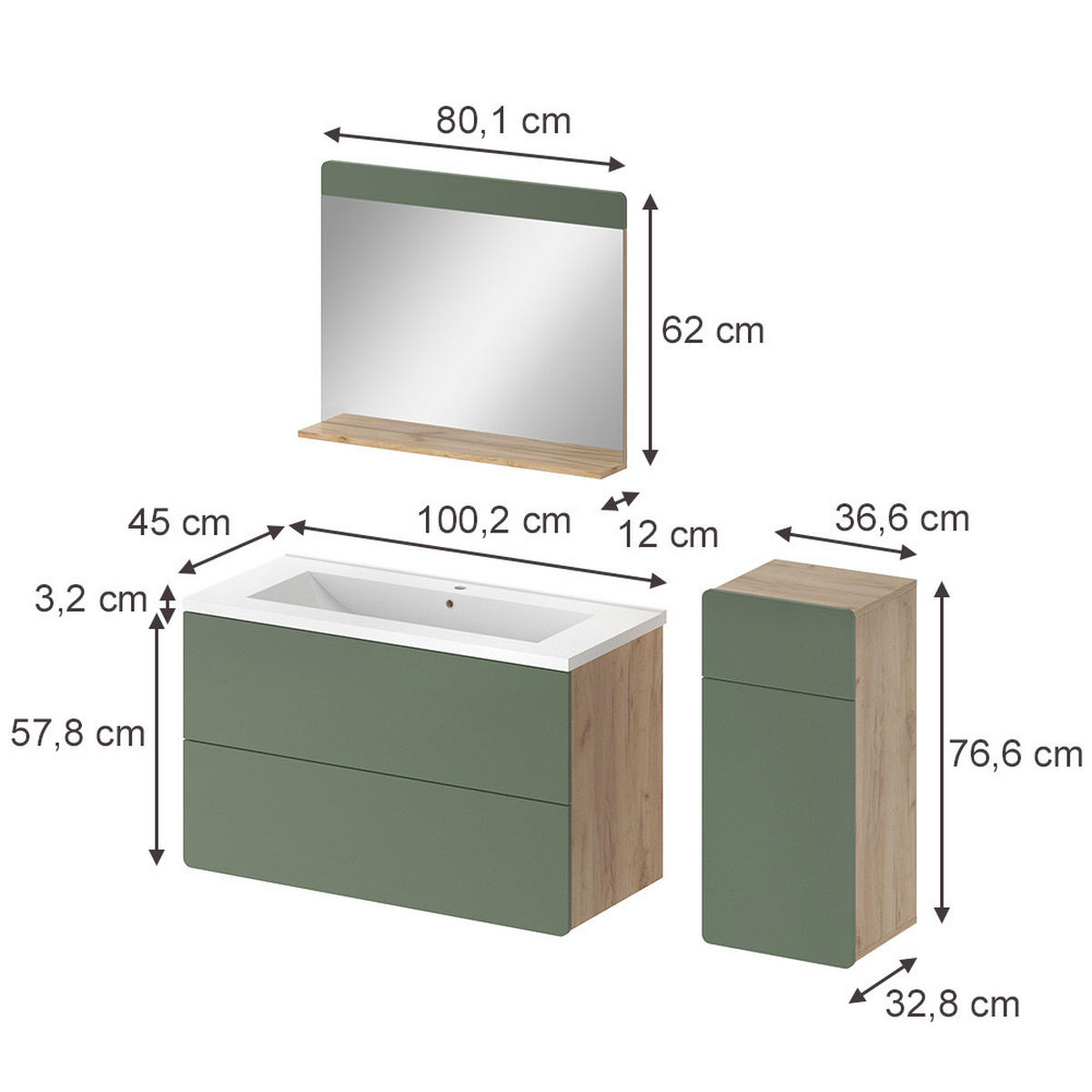 KOUPELNOVÝ NÁBYTEK Izan, Zelená/Zlatý mocný dub, 4dílná - medově dubová/zelená barva, kompozitní dřevo (100/57.8/44.6cm) - Vicco