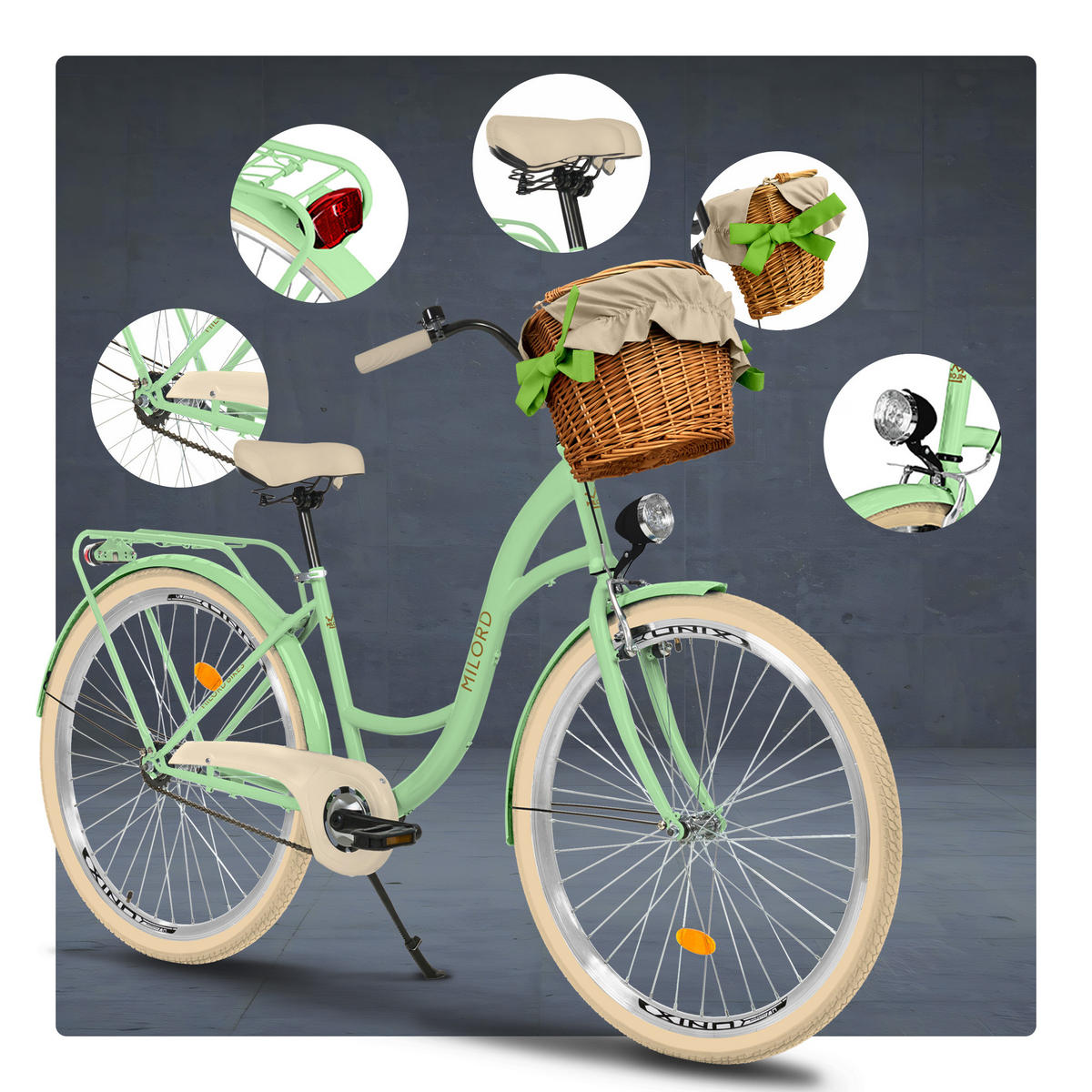 CITY-FAHRRAD Milord mit Weidenkorb, 28 Zoll, Mintze, 1-Gang - Creme/Grün, Metall (46cm) - Milordbikes