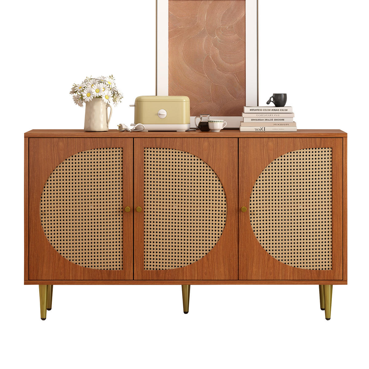 SIDEBOARD mit 3 Rattan-Türen und verstellbaren Einlegeböden, 129,8/40/76 cm, Walnussoptik - Walnussfarben, Holzwerkstoff (129.8/76/40cm) - Redom