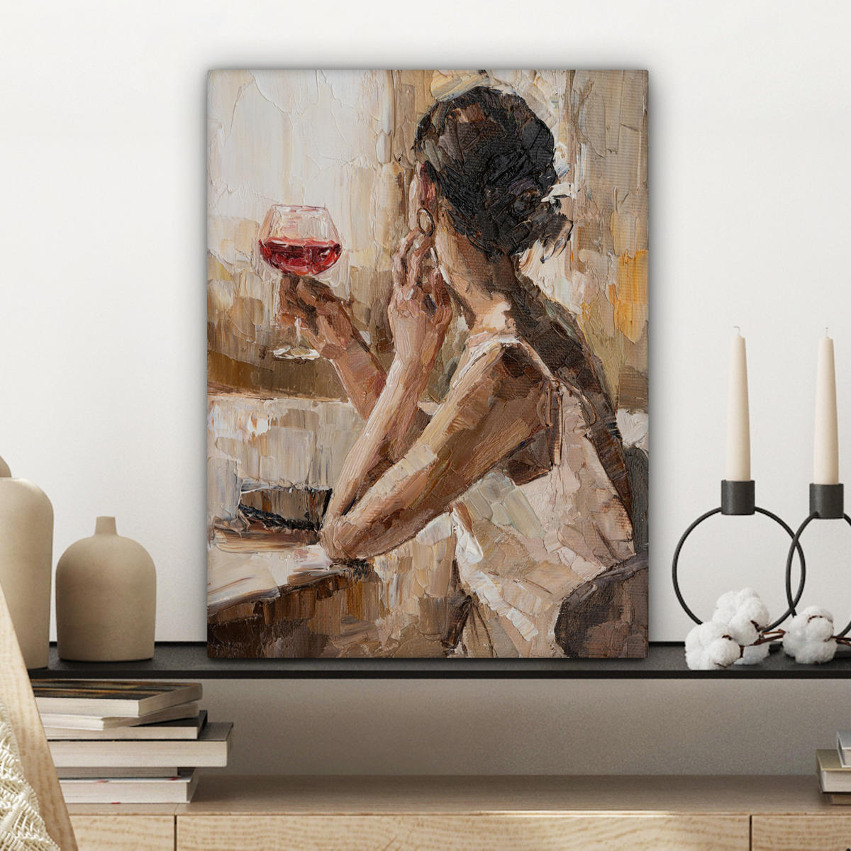LEINWANDBILD Ölgemälde - Frau - Wein 30x40 cm - Hellbraun, Textil (30/40cm) - MuchoWow