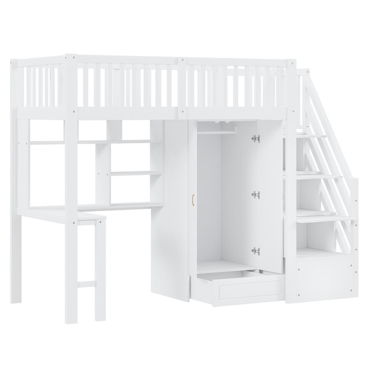 HOCHBETT 90/200 cm mit Kleiderschrank, Tisch, Regal und Treppe mit Schubladen aus Holzwerkstoff, Weiß - Weiß, Holzwerkstoff (90/200cm) - Redom