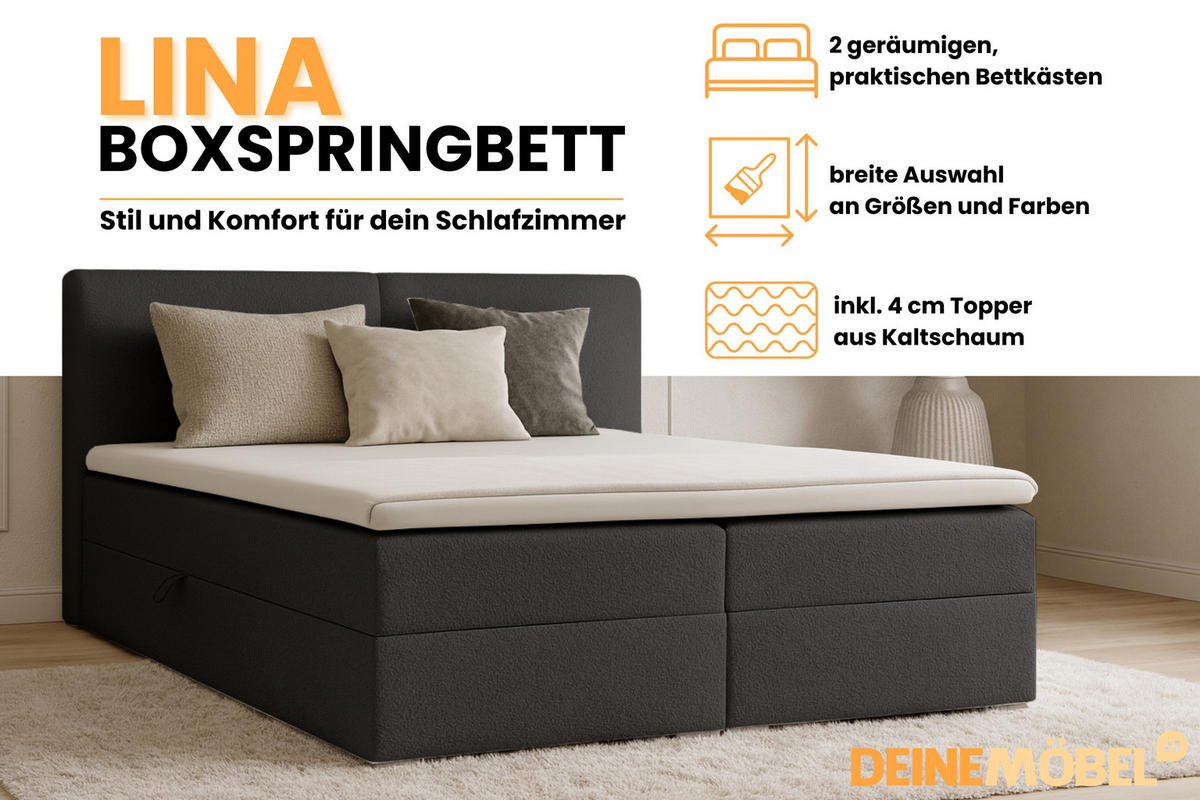 BOXBETT LINA 180/200 in Boucle Schwarz H4 - Schwarz, Holz/Holzwerkstoff (180/200cm) - Deine Möbel 24