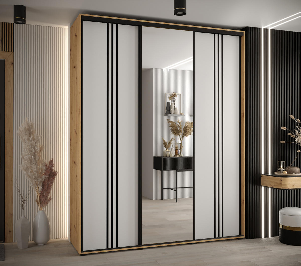 SCHWEBETÜRENSCHRANK 235,2/190/60 3-türig - Schwarz/Eiche Artisan, Holz/Metall (190/235/60cm) - Abiks Möbel