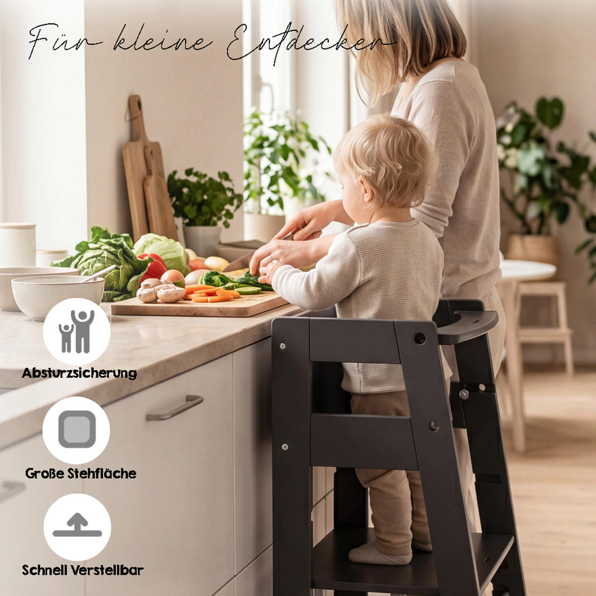 LERNTURM Sit & Step 2in1 - Anthrazit, Holzwerkstoff/Metall (53.5/88/51.5cm) - Roba