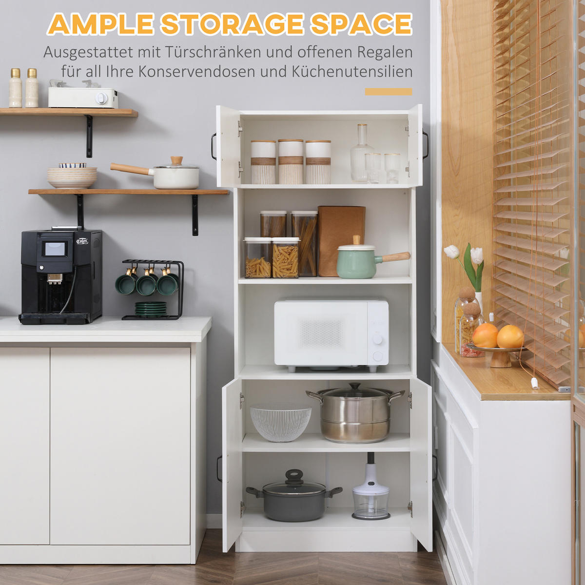 BUFFET DE-37993 70/40/170 cm mit 4 verstellbaren Regalböden Weiß - Weiß, Holzwerkstoff (70/170/40cm) - ComfortXL