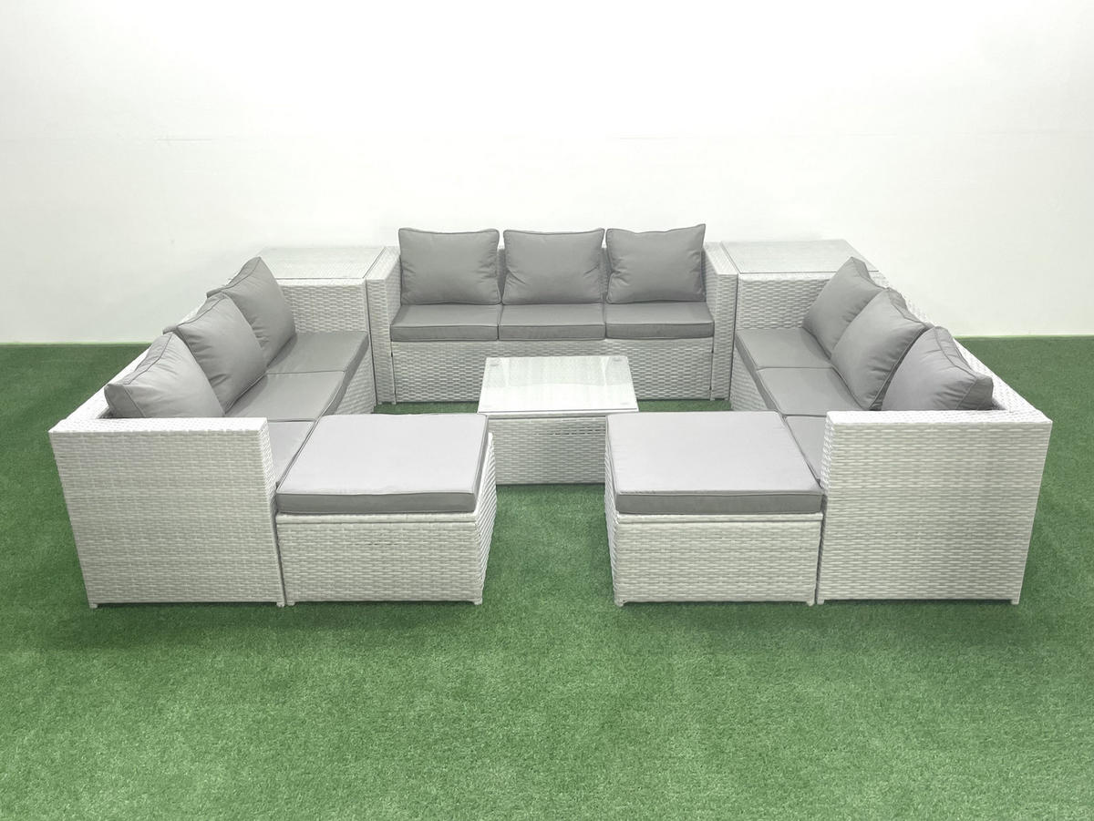 GARTENMÖBELSET mit 3-SITZER SOFA,COUCHTISCH Polyrattan Hellgrau-Mix 11-Sitzer - Hellgrau/Grau, Glas/Kunststoff - Fimous