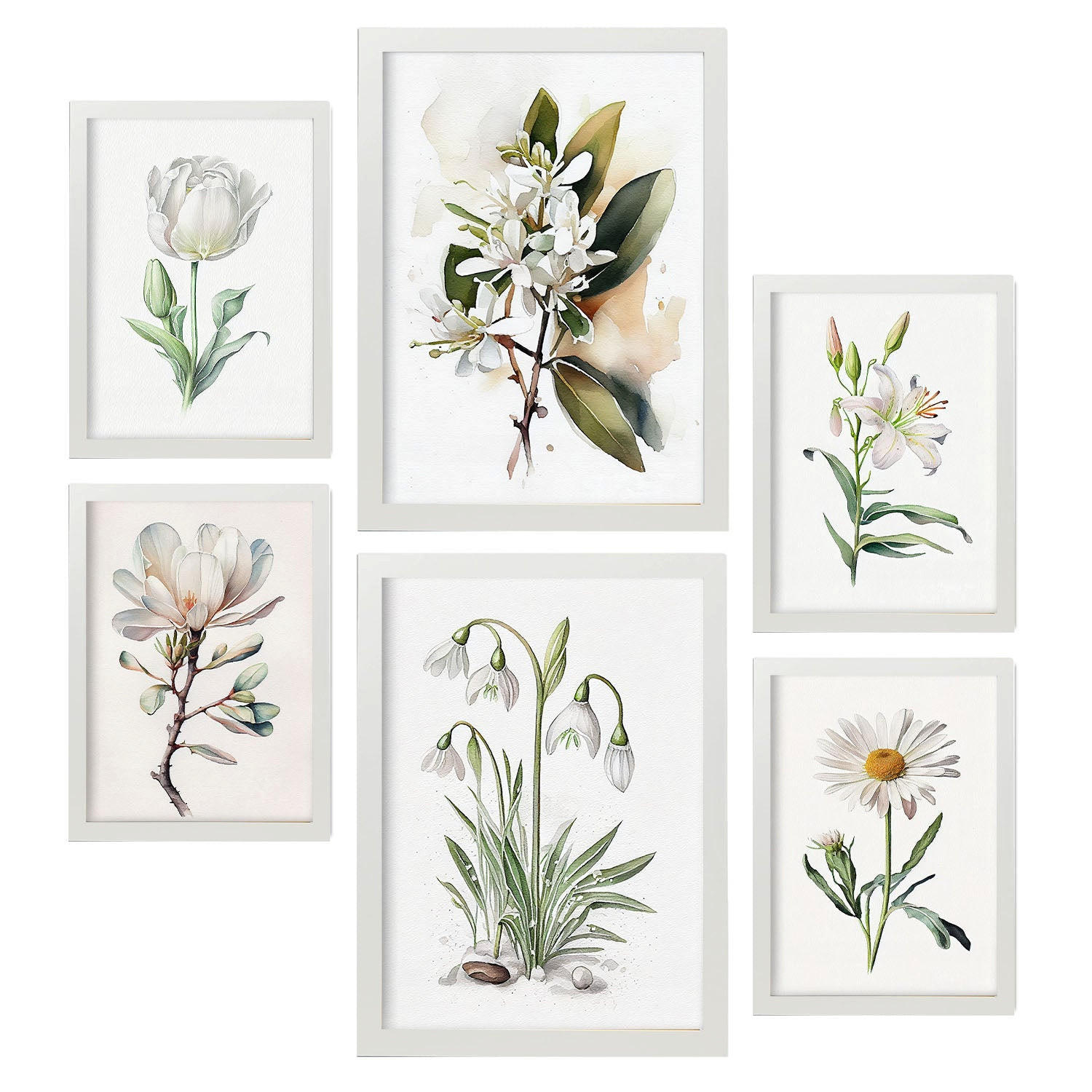 POSTER Set Mit 6 Weiße Blumen Vollfarbige Natur Und Botanikdrucke Mit Blumenmotiven Auf Reinweißen Hintergründen A3 & A4 Weißer Rahmen - Weiß, Papier (29/3cm) - Nacnic