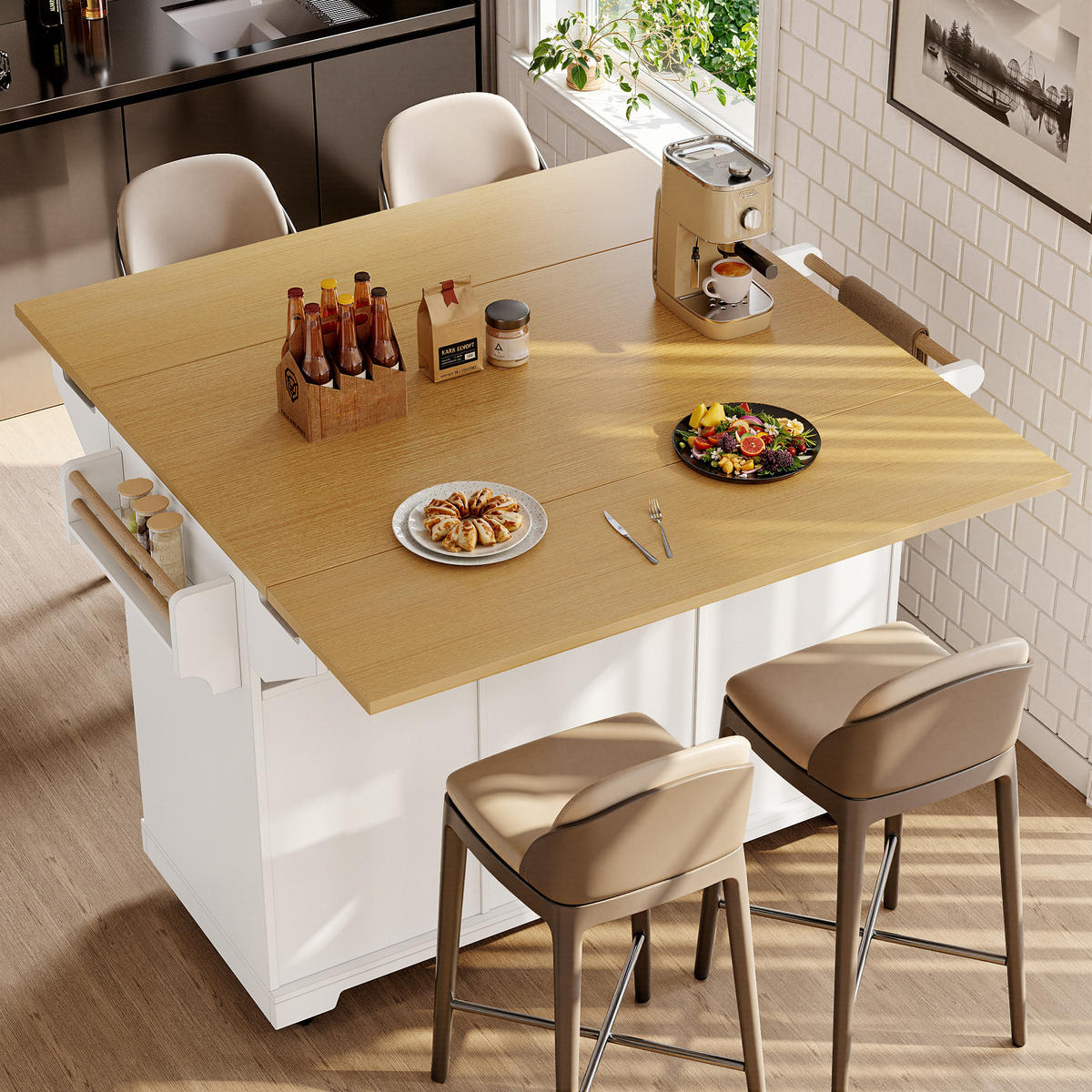KÜCHENINSEL 120/40/95 cm Weiß aus MDF und Metall mit klappbarer Tischplatte - Weiß, Holzwerkstoff (40/95/120cm) - OKMYHOME