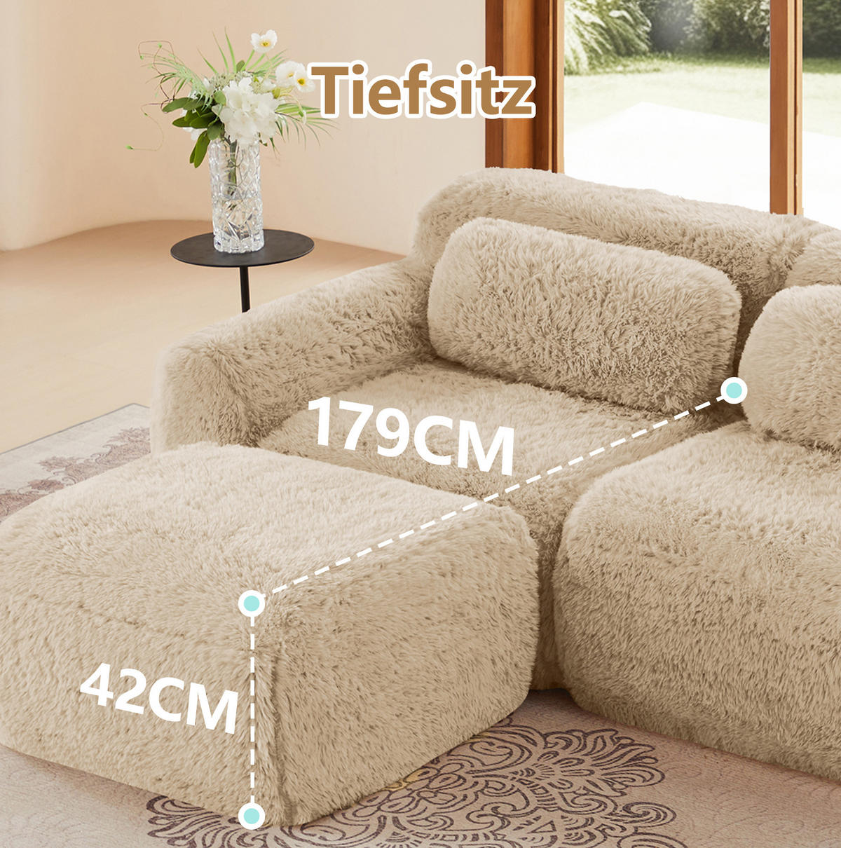 ECKSOFA aus Plüsch in Beige mit modularem Design - Beige, Textil (179/73/204cm) - Modfu