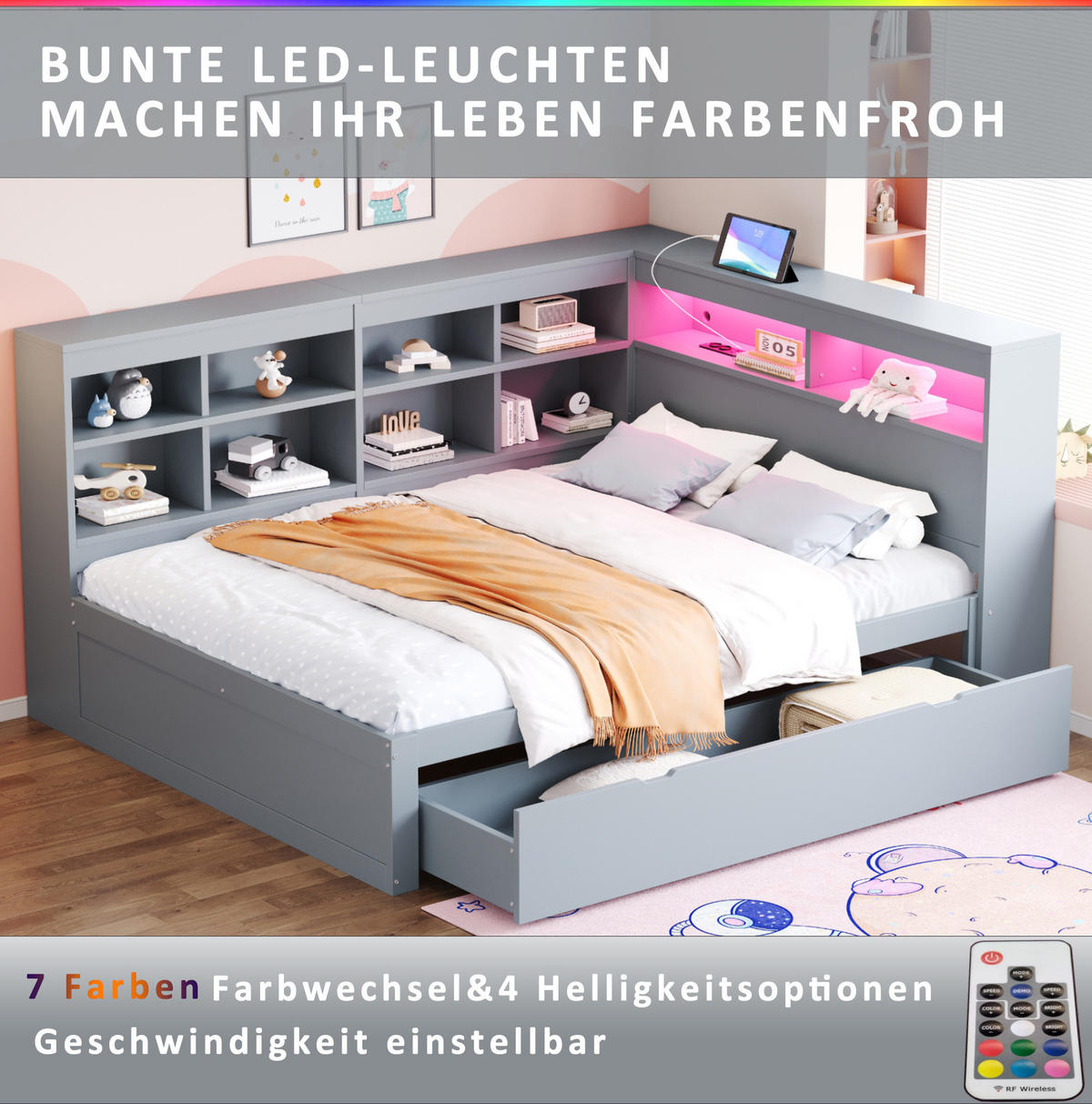 RAHMENBETT 140/200 cm in Grau mit Stauraum, LED-Beleuchtung und USB - Grau, Holz (140/200cm) - Flora Grace