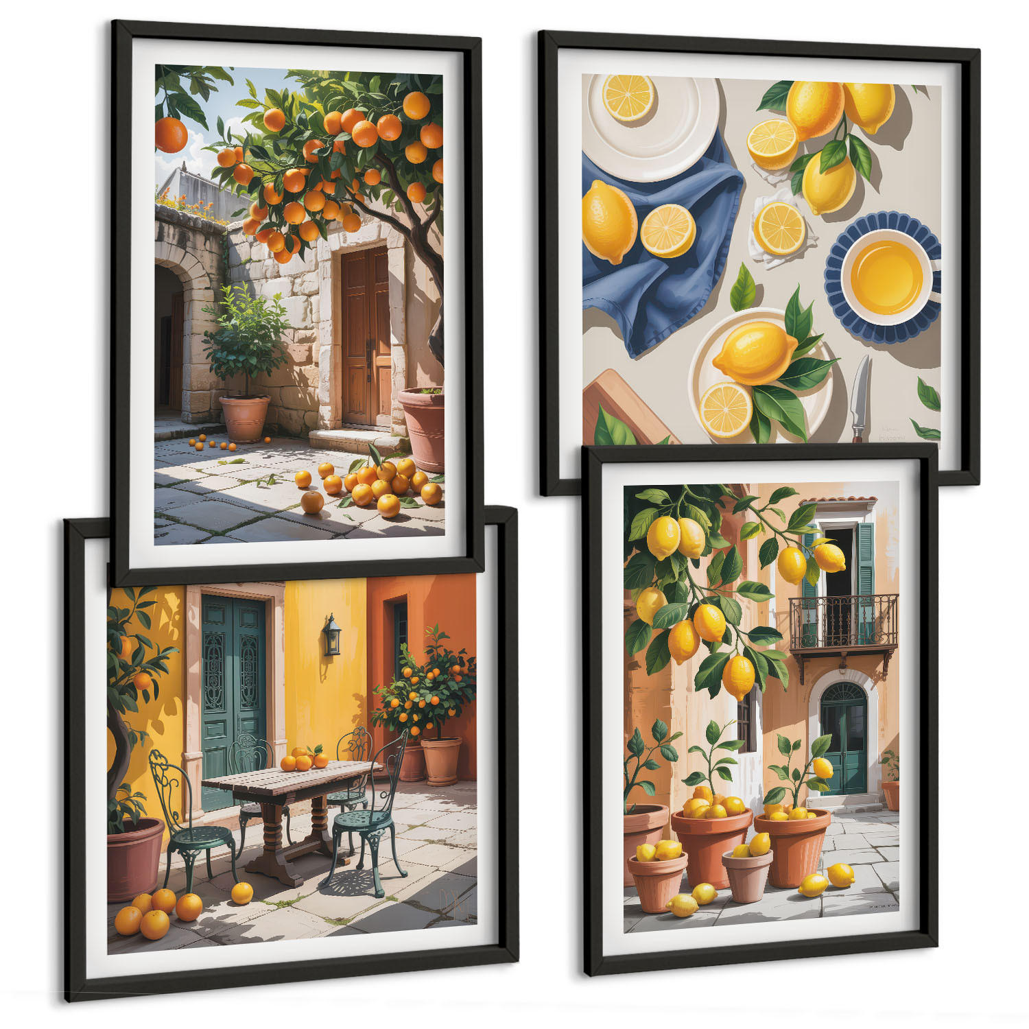BILDER SET 4er Set - 50x50 cm & 40x60 cm Schwarzer Rahmen - Zitrusbäume in einem sonnigen Garten - Schwarz, Kunststoff (50/50cm) - TULUP