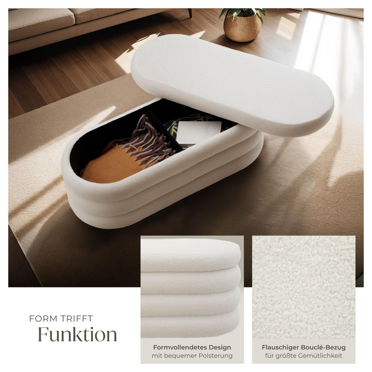 Truhenbank Altu,110 x 45 x 42 cm,Bouclé creme-weiß - Creme/Weiß, Holz (110/42/45cm) - tectake