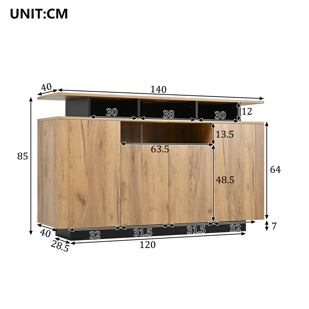 SIDEBOARD mit 4 Türen Natural 120x40x85cm - Naturfarben, Holzwerkstoff (40/85/120cm) - FLIEKS
