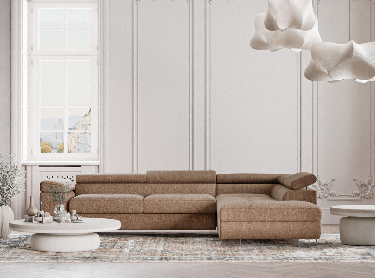 ECKSOFA MIT SCHLAFFUNKTION Concord Hellbraun Webstoff - Hellbraun/Schwarz, Holz/Holzwerkstoff (277/203cm) - Maison de Reve
