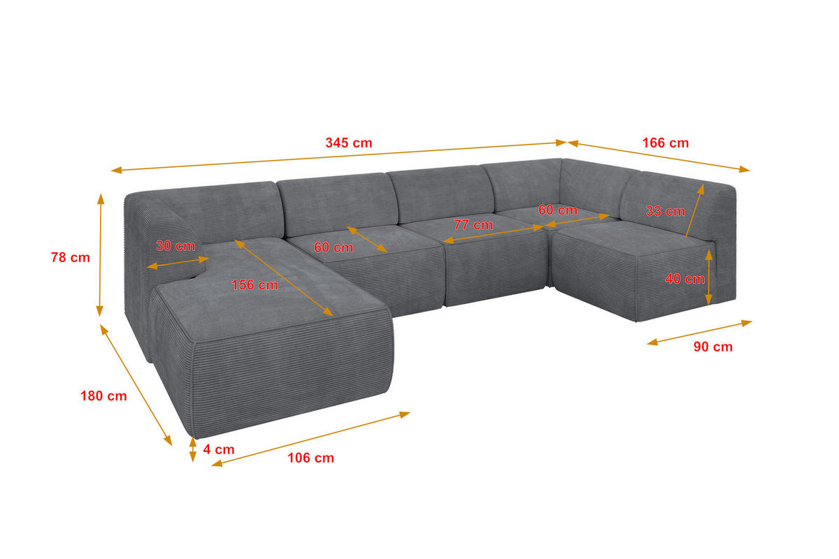 WOHNLANDSCHAFT Ottomane Links MOVO-L 345x180x78 cm Dunkelgrau Cord - Dunkelgrau, Holzwerkstoff/Kunststoff (345/78/180cm) - ALTDECOR