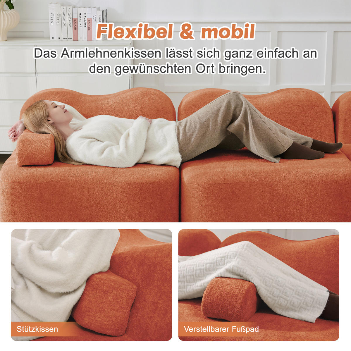 ECKSOFA Samt Orange mit Hocker - Orange, Textil (288/167cm) - WISHDOR