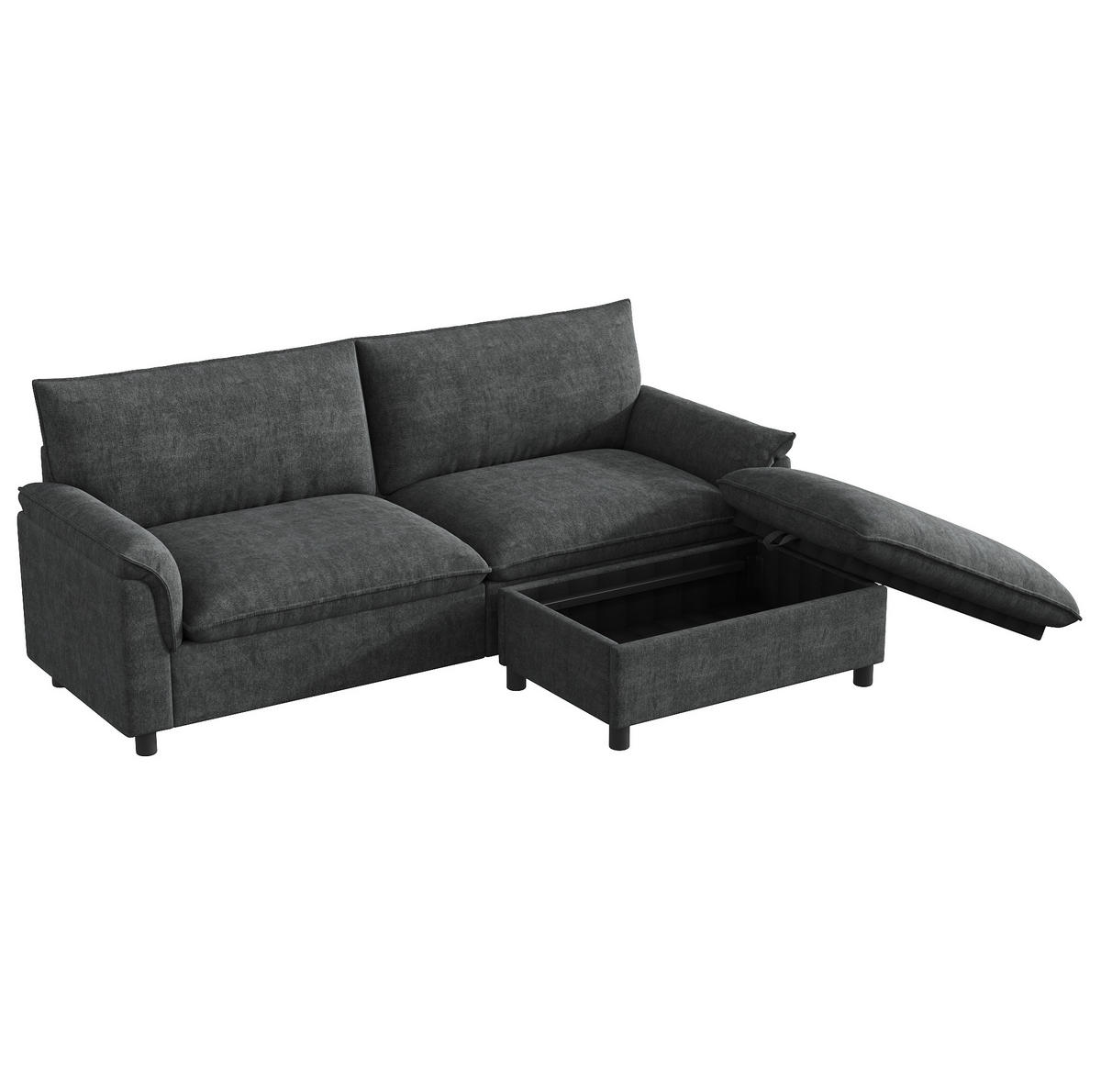 SOFA mit Hocker und Stauraum B 216 x T 77 x H 82 cm Chenille Black - Schwarz, Holzwerkstoff (77/216cm) - Meubliv