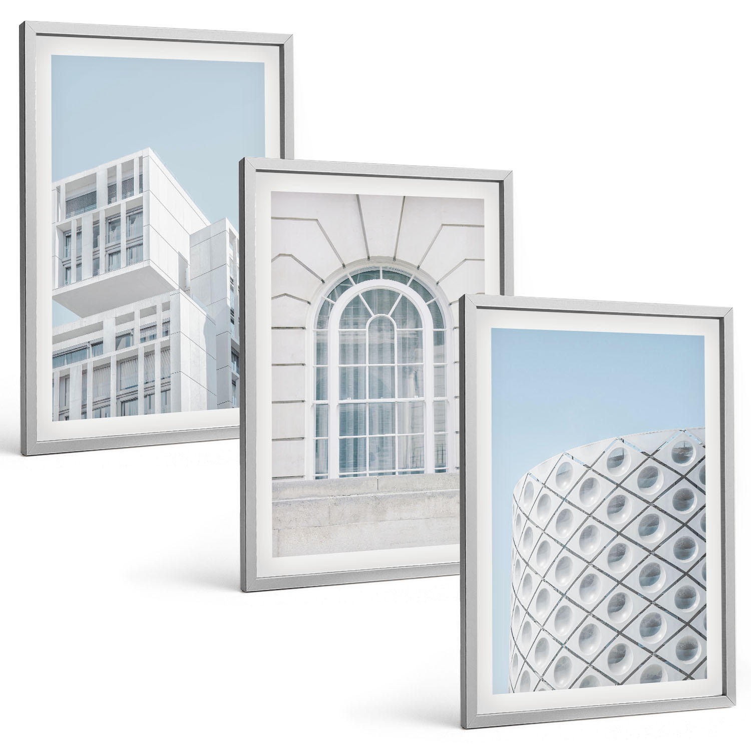 BILDER SET 3er Set - 40x60 cm Silberner Rahmen - Moderne Architekturgeometrie - Silberfarben, Kunststoff (40/60cm) - TULUP