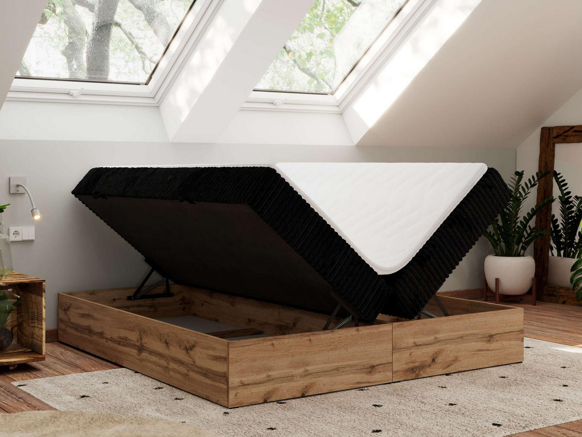 BOXBETT WOOD ZERO 160/200 - Schwarz Cord - H3 - Topper T25 - Schwarz, Textil (160/200cm) - MKS