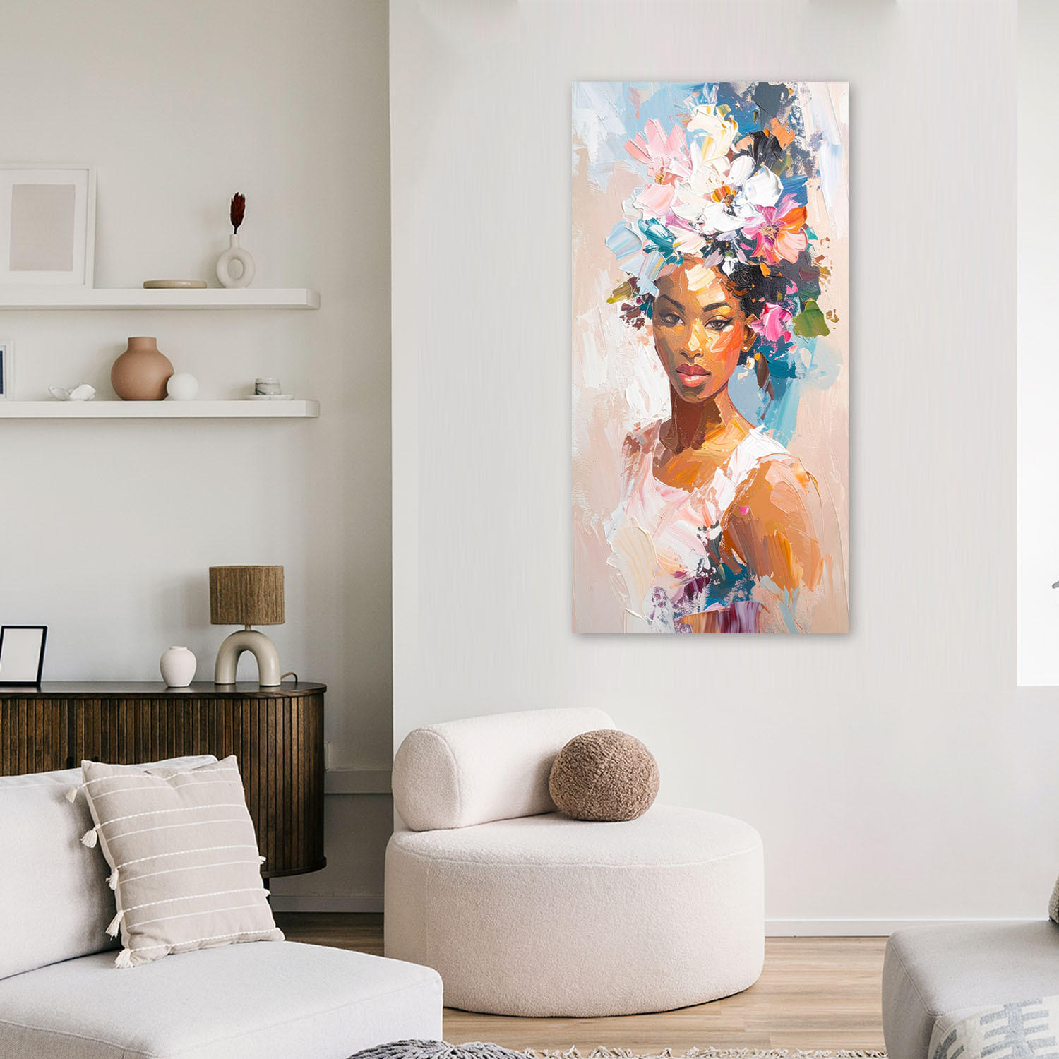 LEINWANDBILD Abstraktes Porträt einer Frau mit Blumen 50x100cm - Multicolor, Textil (50/100cm) - Feeby