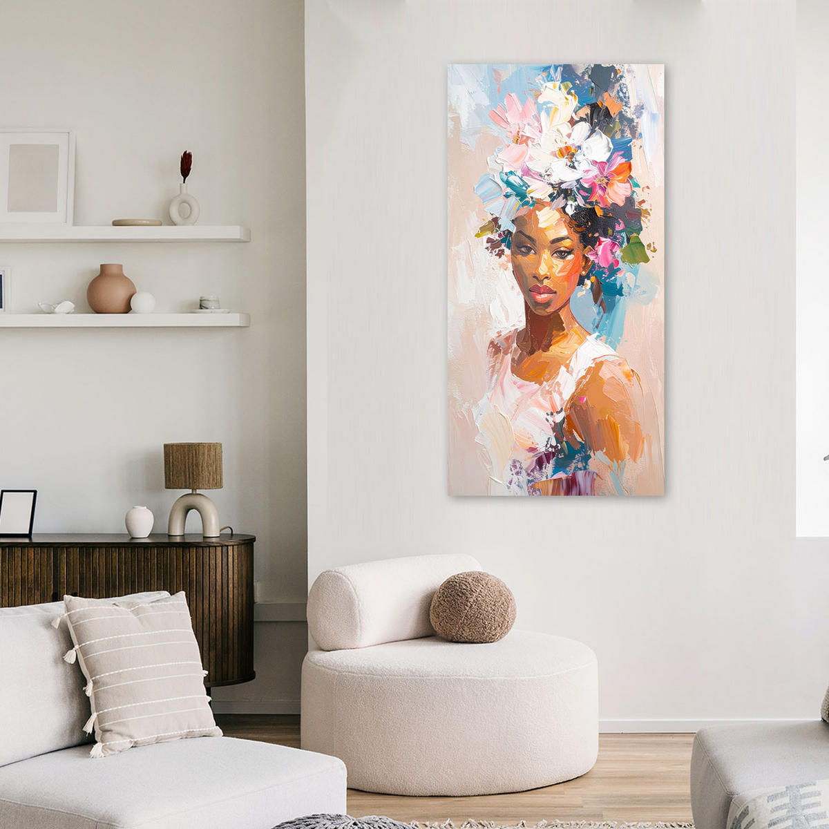 LEINWANDBILD Abstraktes Porträt einer Frau mit Blumen 50x100cm - Multicolor, Textil (50/100cm) - Feeby