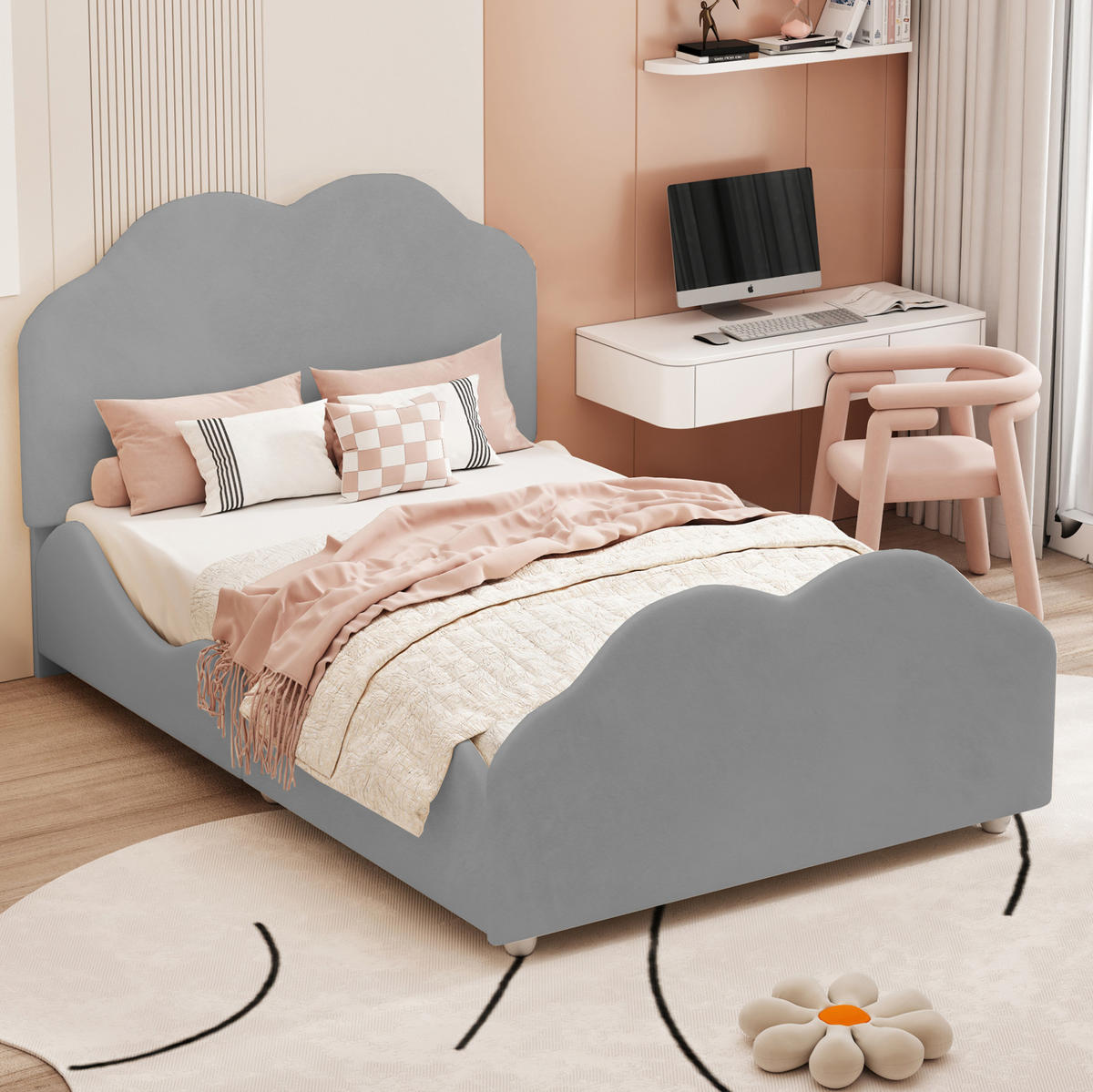 KINDERBETT aus Stoff 207,5x95x107,5 cm Grau mit Zaun, wolkenförmigem Kopf- und Fußteil - Grau, Textil (90/200cm) - Modfu