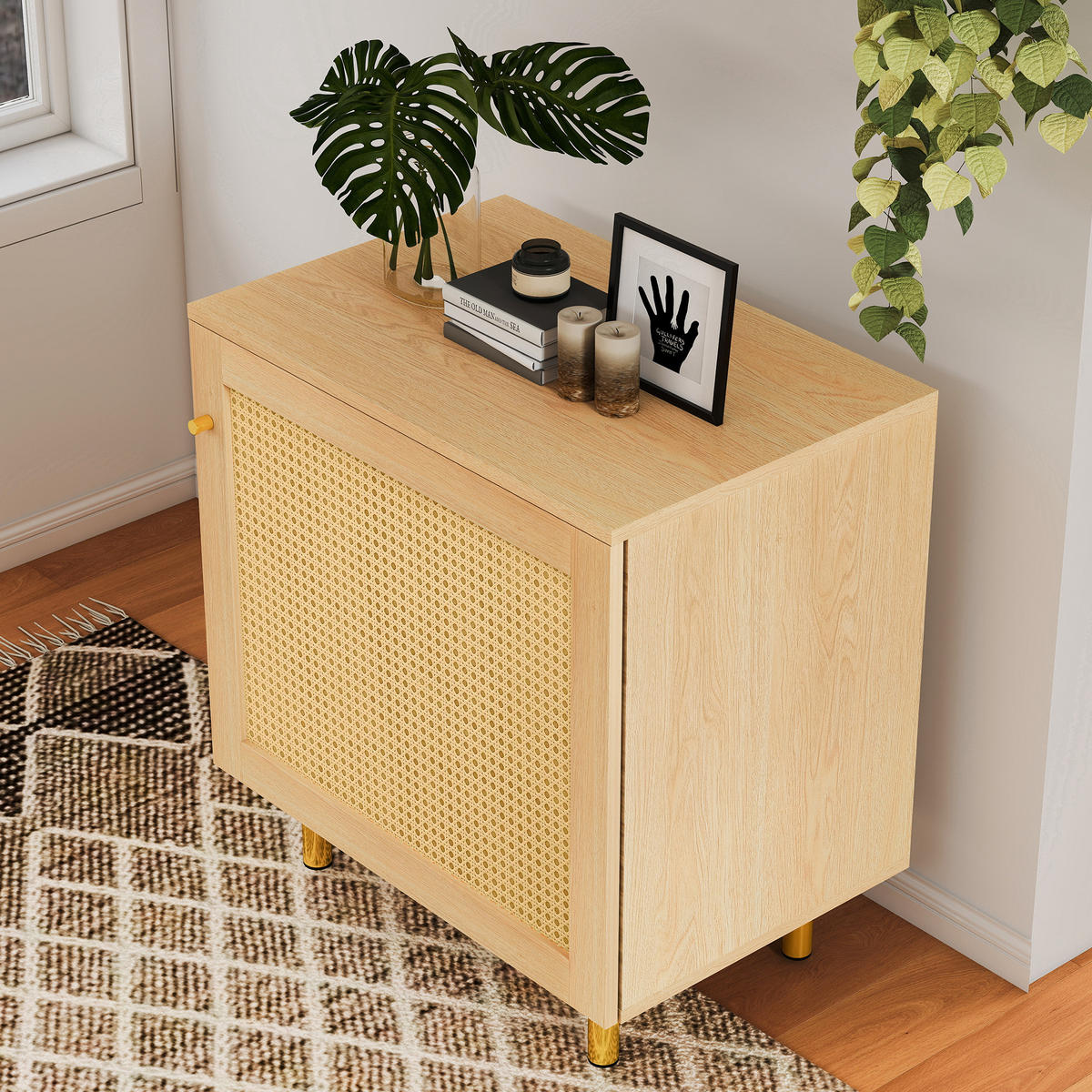SIDEBOARD aus MDF 40x60x63 cm Natur mit Rattantür, Regalboden und goldfarbenen Metallbeinen - Naturfarben, Holzwerkstoff (60/63/40cm) - Modfu