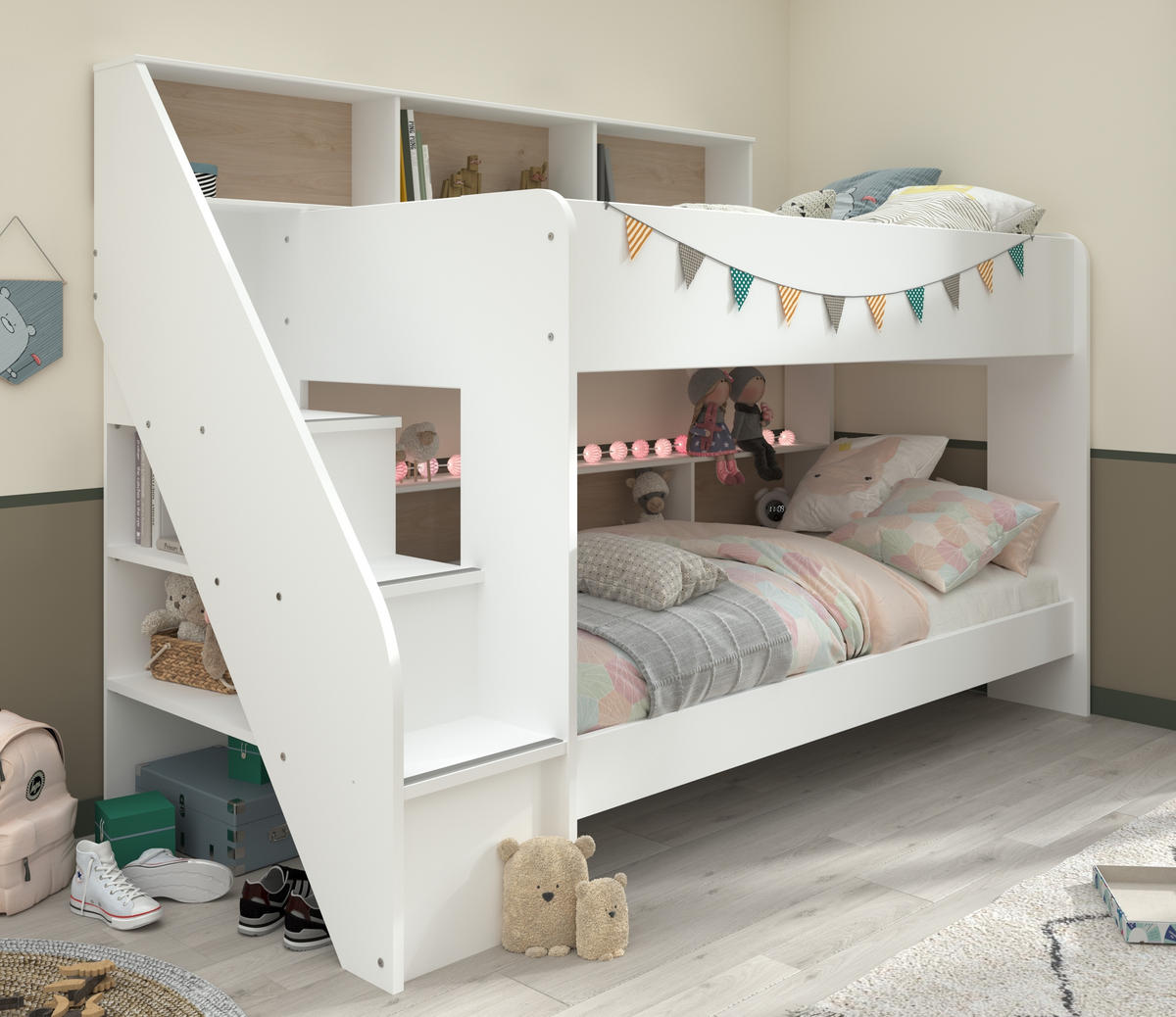 ETAGENBETT Bibop 2 in Weiß und Jackson Eiche ohne Bettschubkasten - Weiß, Holzwerkstoff (90/190cm)