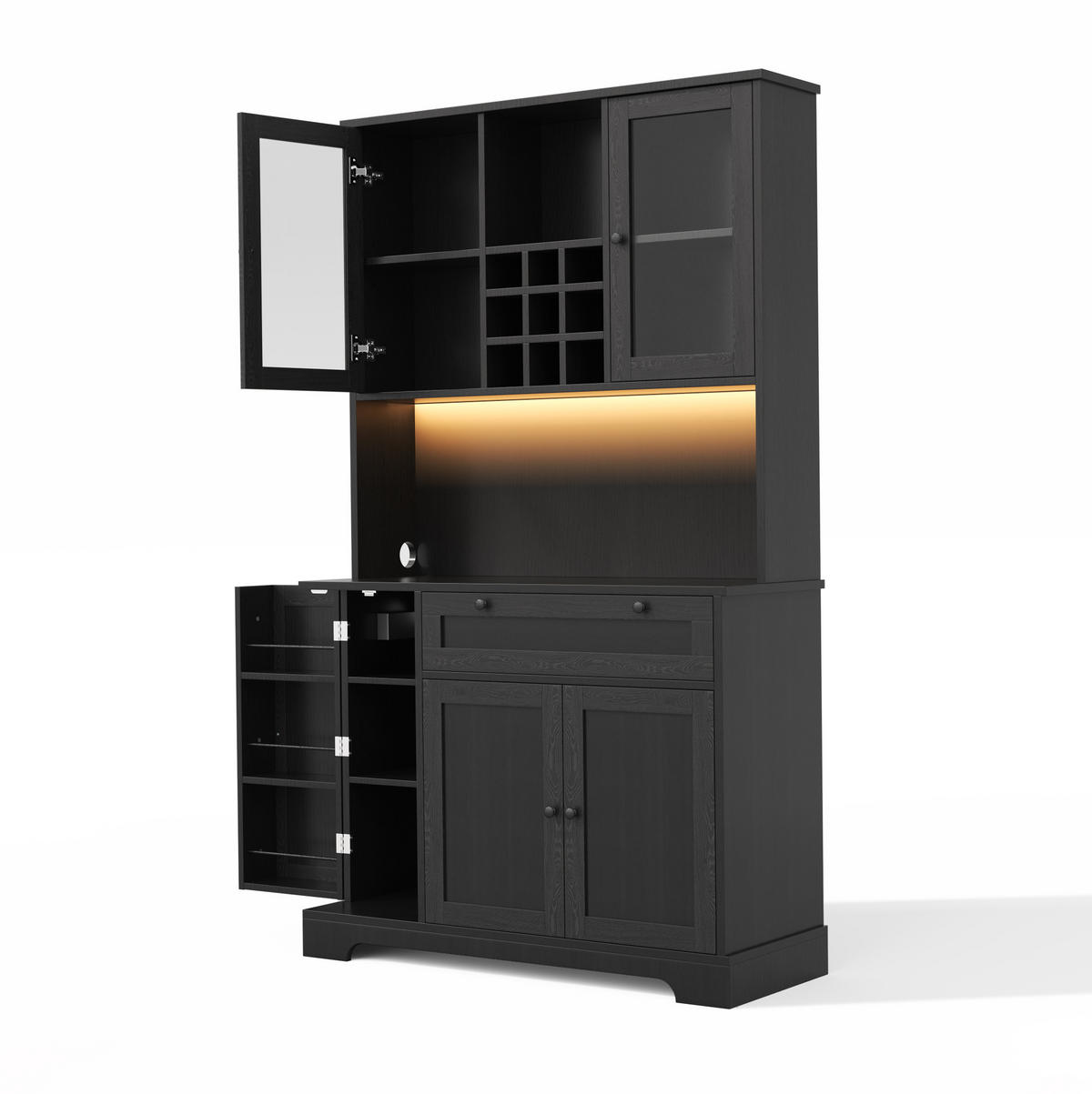 BUFFETSCHRANK 105/40/180 cm aus MDF mit LED-Beleuchtung, Steckdose, Weinregal und verstellbaren Böden, Schwarz - Schwarz, Holzwerkstoff (105/180/40cm) - Redom