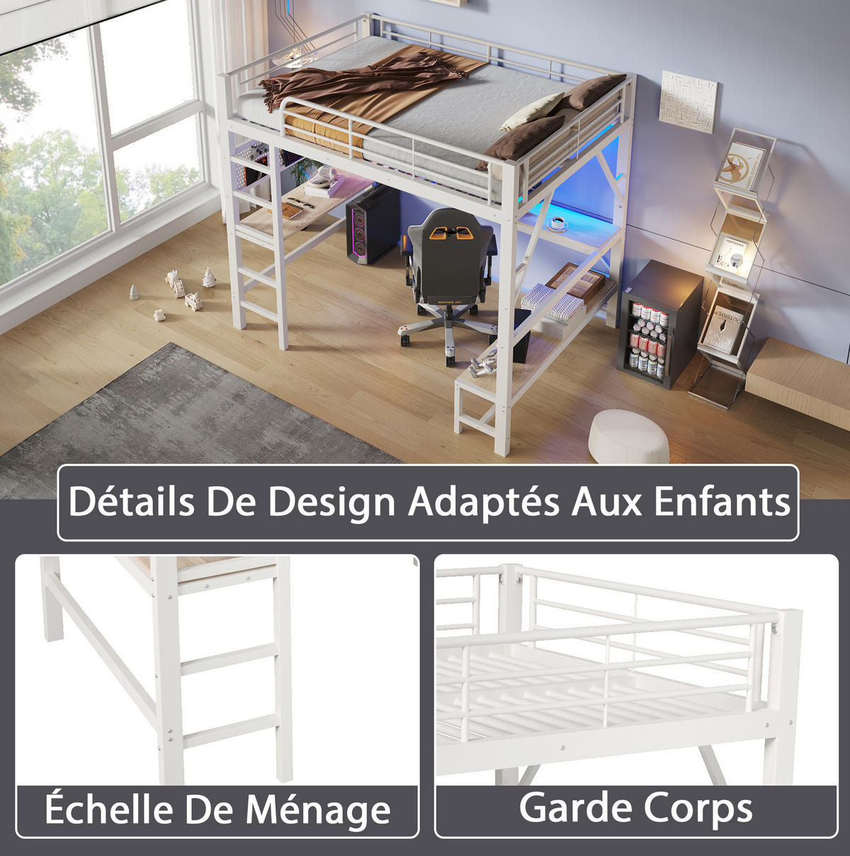 HOCHBETT aus Metall und MDF 160x200 cm Weiß mit Schreibtisch, LED-Leiste und USB-Type-C-Anschluss - Weiß, Metall (160/200cm) - Modfu