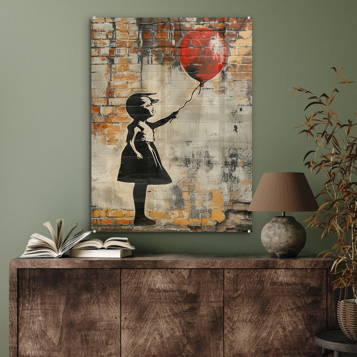 ACRYLGLASBILD Graffiti - Banksy - Mädchen - Straßenkunst 60x80 cm - Sandfarben, Glas (60/80cm) - MuchoWow