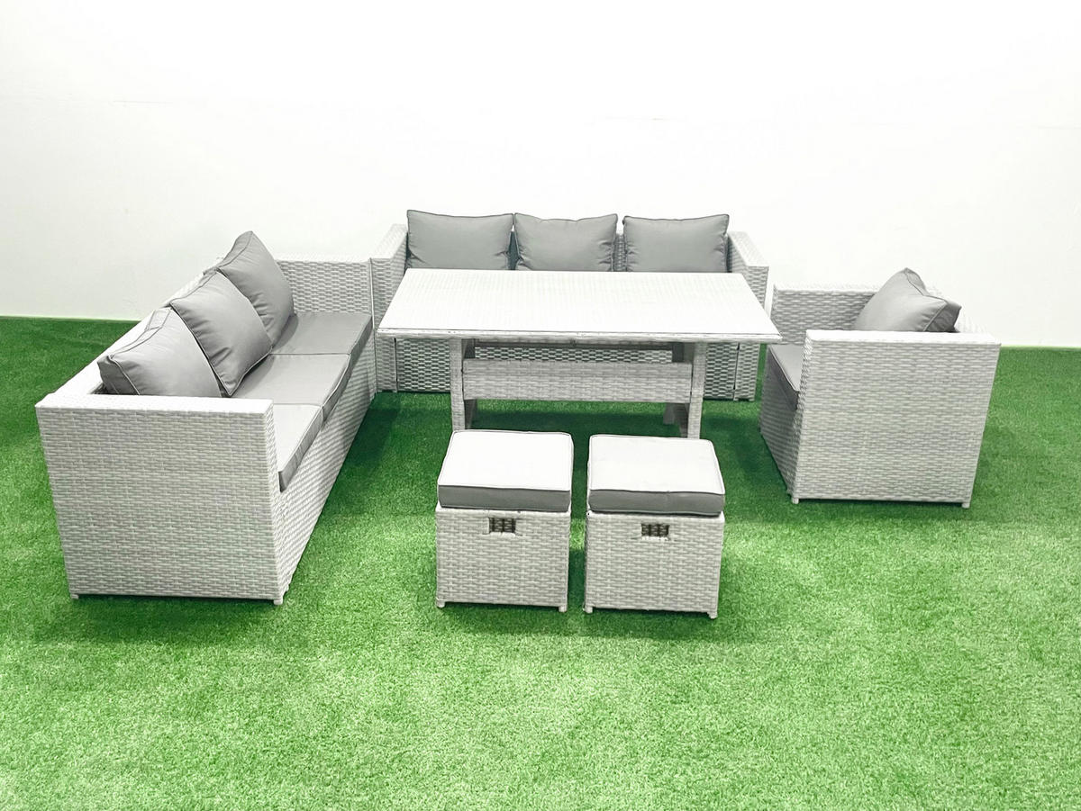 GARTENMÖBEL SET mit 3-Sitzer-Sofa und Sessel, Esstisch,2 Hockern Polyrattan Hellgrau 9-Sitzer - Hellgrau/Grau, Glas/Kunststoff - Fimous
