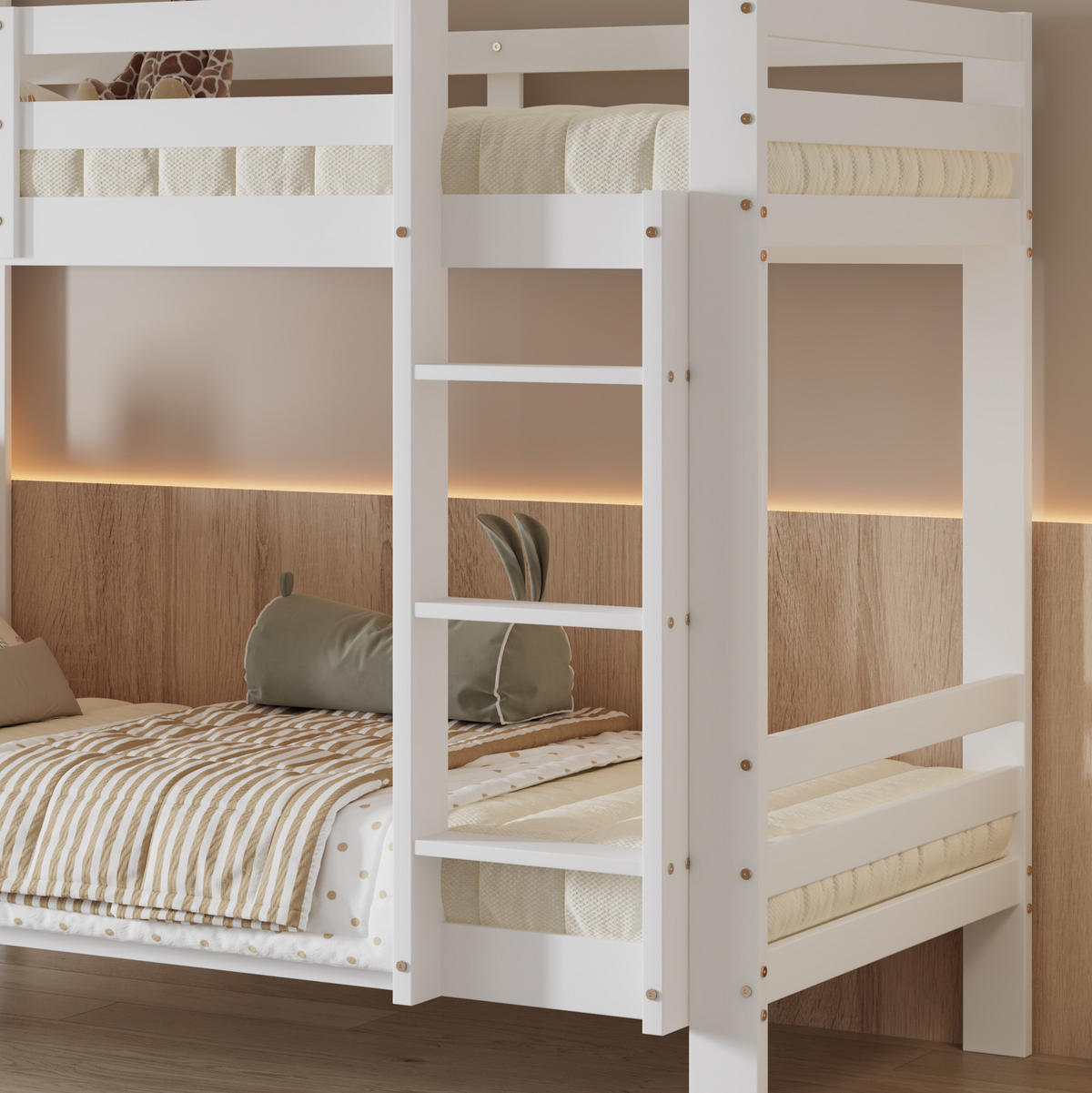 ETAGENBETT 90/200 cm Weiß mit Regalen und sicherer Leiter aus Massivholz - Weiß, Holzwerkstoff (90/200cm) - OKWISH