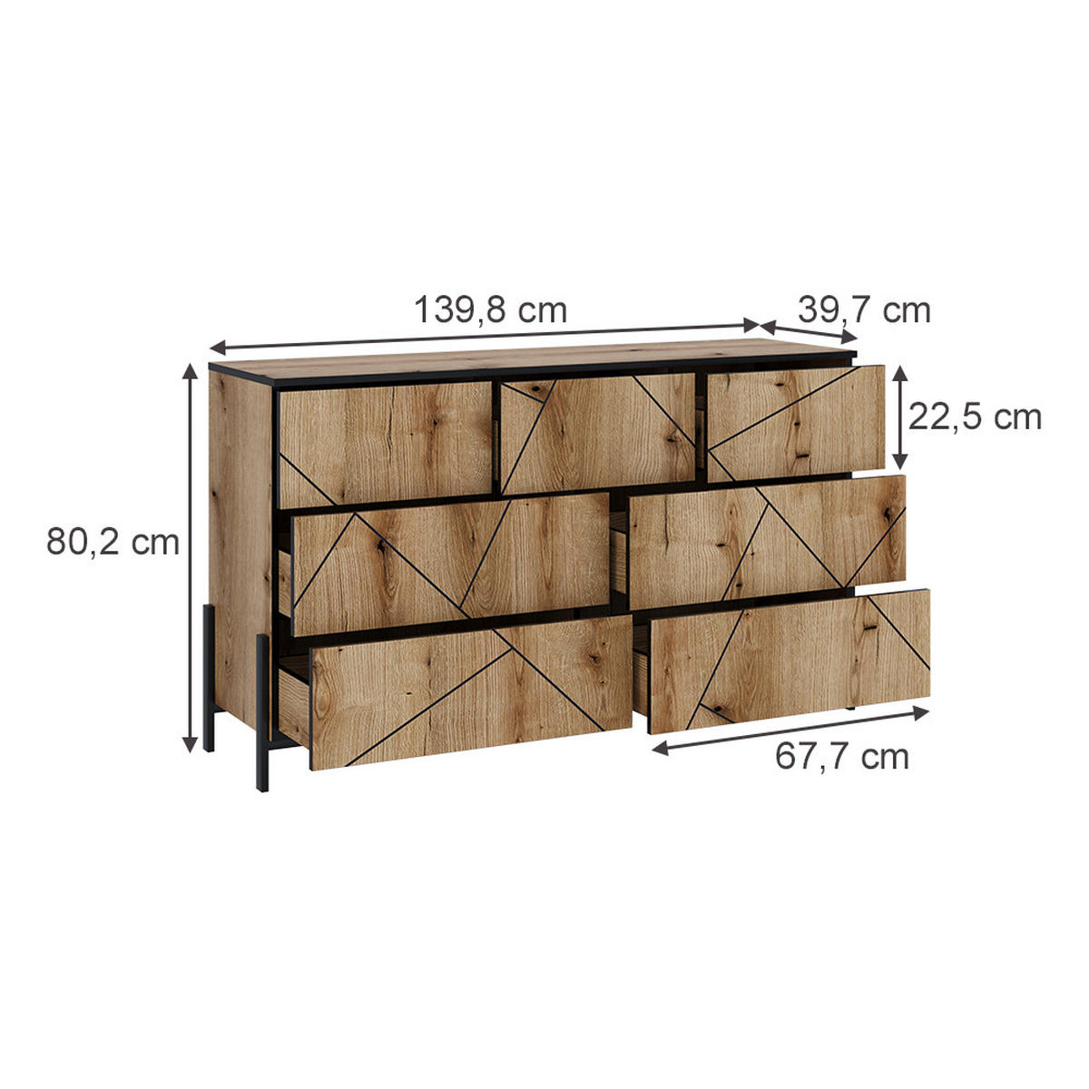 KOMMODE Hatto Eiche 139.8 x 80.2 cm mit 7 Schubladen - Eichefarben, Holzwerkstoff (139.8/80.2/39.7cm) - Vicco