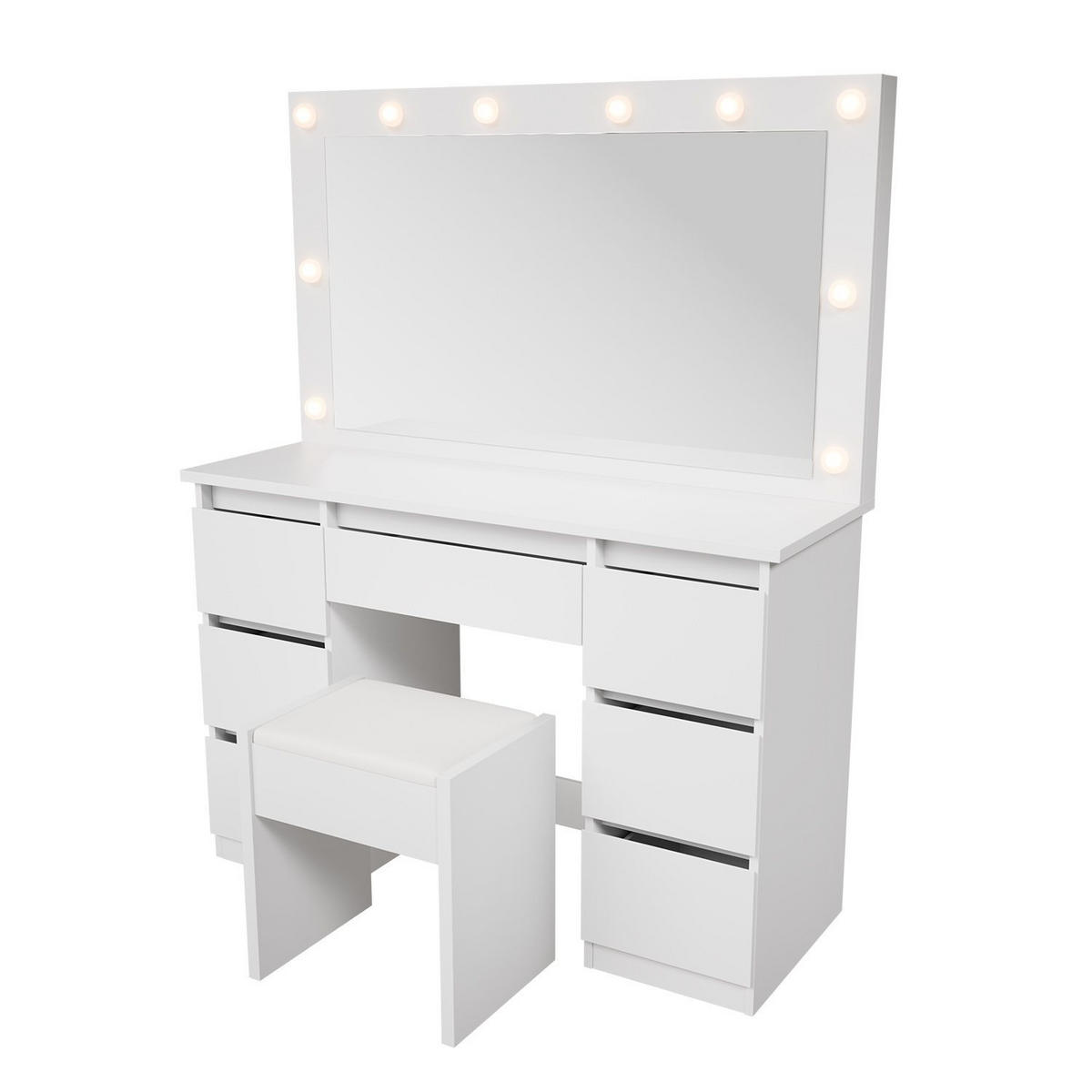 SCHMINKTISCH Lilia weiß mit LED-Beleuchtung und Hocker Melly - Weiß, Holz (108/140/41cm) - Juskys
