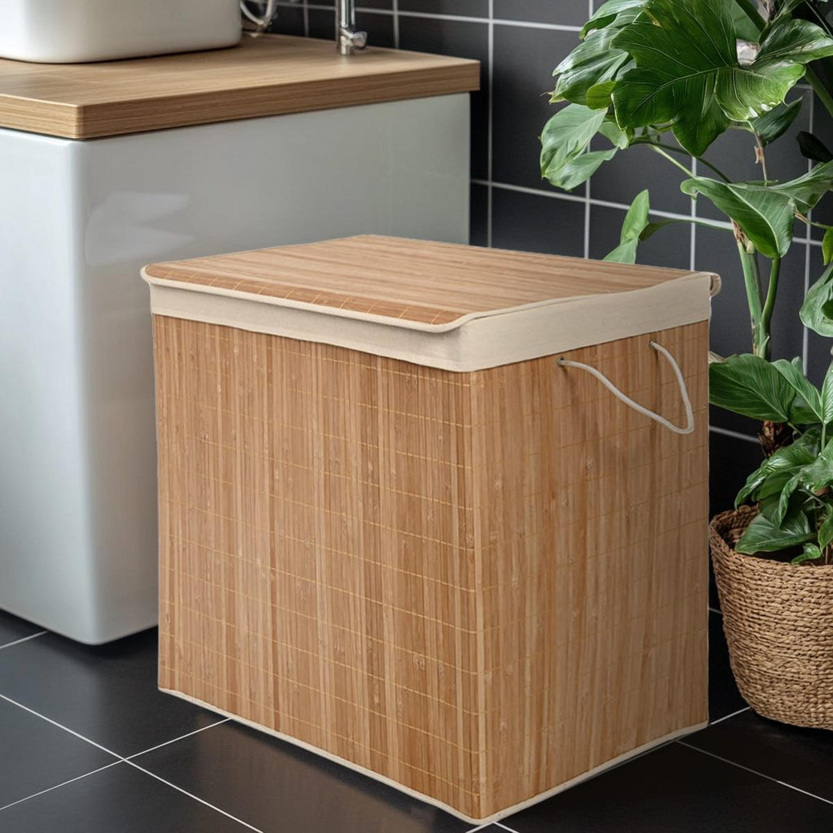 WÄSCHEKORB Bambus Textil Naturfarben Beige 3-Fächer 60x40x61,5 cm - Beige/Naturfarben, Holz/Textil (60/61.5/40cm) - Begryf