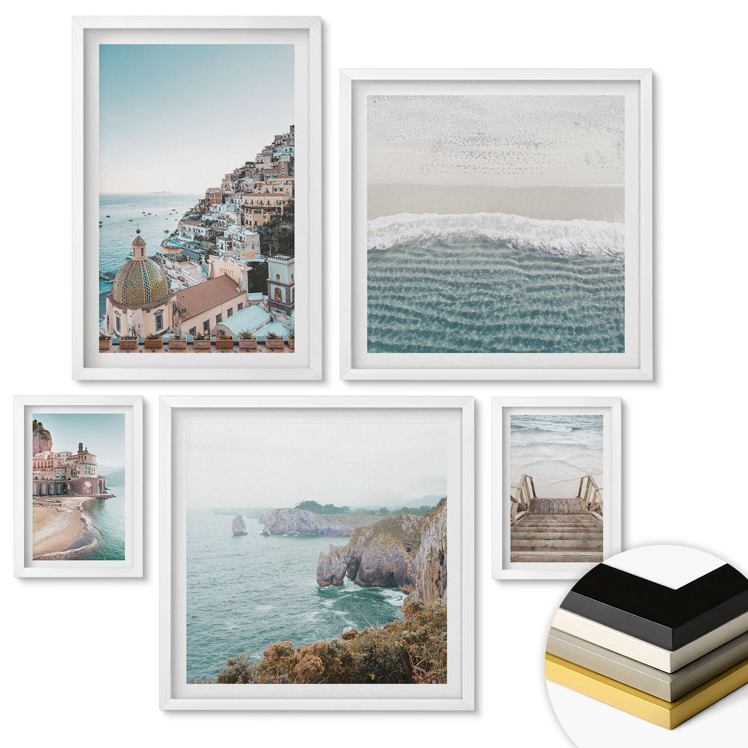 WANDBILDER 5er-Set - 50x50 cm & 20x30 cm & 40x60 cm Weißer Rahmen - Wasserfälle, Berge, Brücken, Bäume - Weiß, Kunststoff (40/60cm) - ArtPrintCave