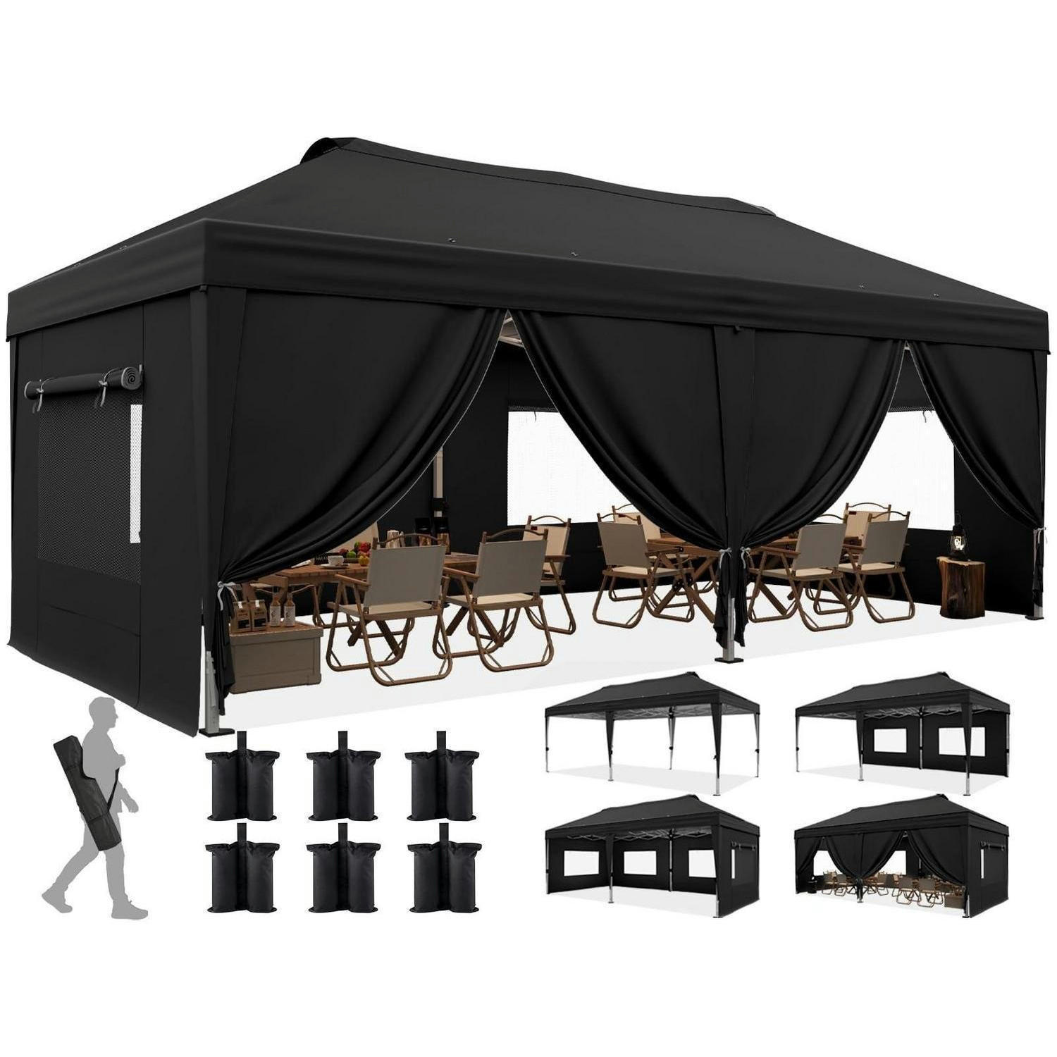 FALTPAVILLON 3x6m mit Seitenwänden und Insektenschutz schwarz - Schwarz, Textil (585/285/293cm)
