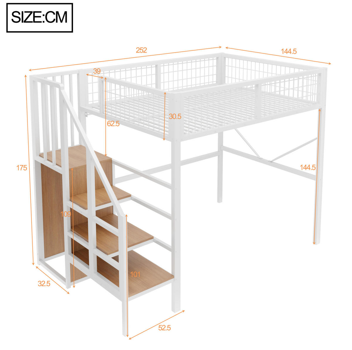 HOCHBETT aus Metall und Holz 140x200 cm Weiß mit Stauraumleiter, Kleiderstange und LED-Beleuchtung - Weiß, Metall (140/200cm) - Modfu