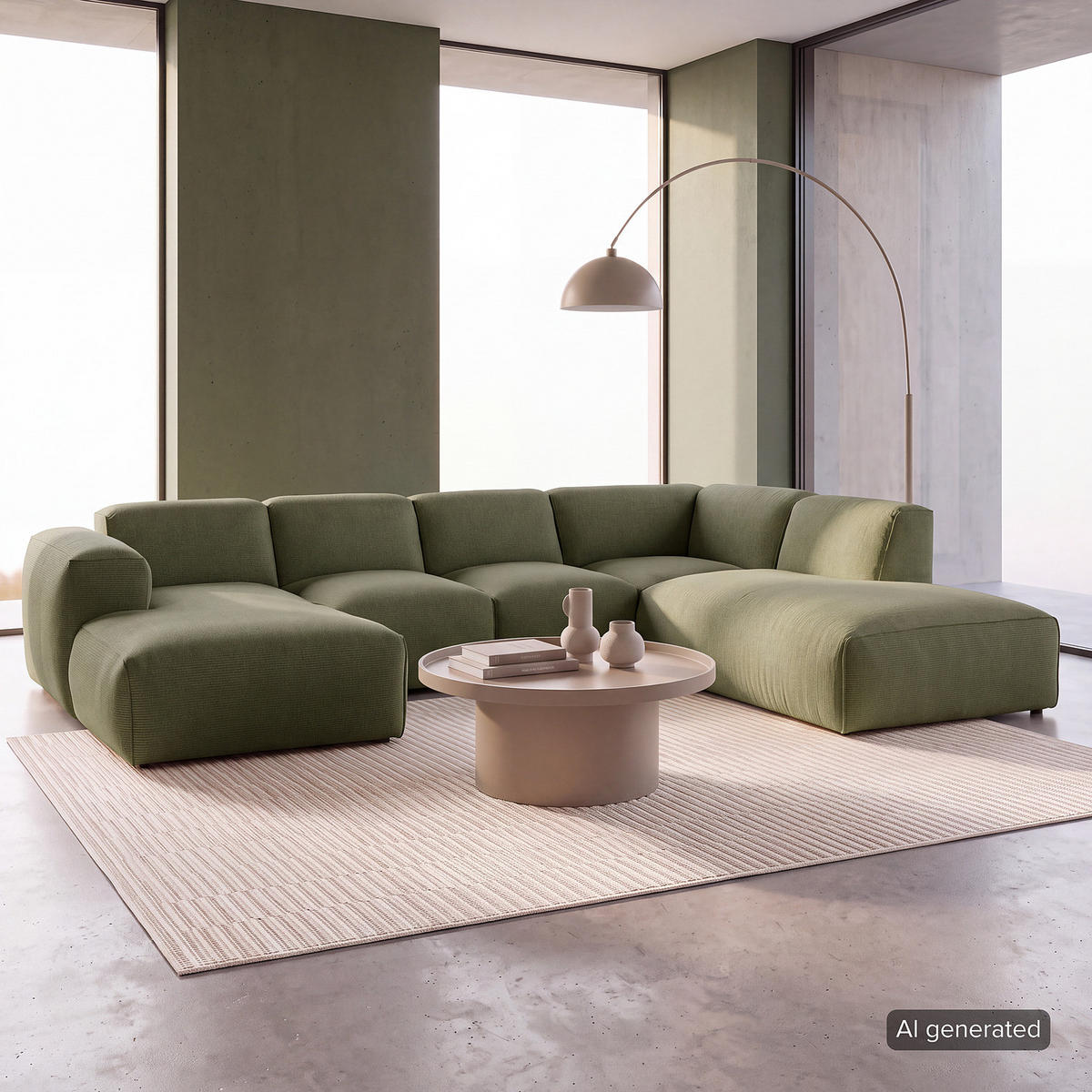 WOHNLANDSCHAFT mit Longchair - Dunkelgrün/Schwarz, Kunststoff/Textil (325/71/235cm) - home24
