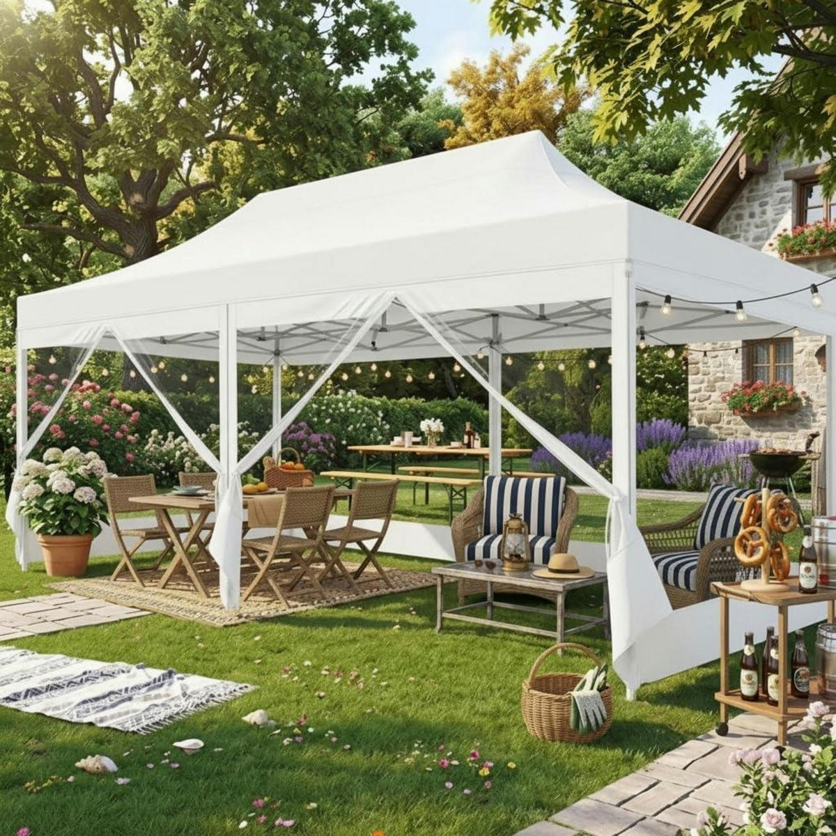 FALTPAVILLON 3x6m Wasserdicht mit 6 Seitenwänden Weiß - Weiß, Textil (300/335/600cm)