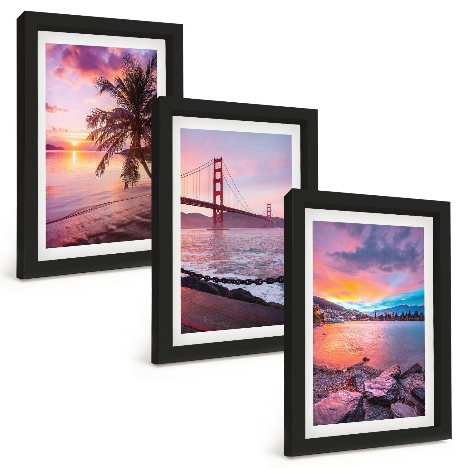 BILDER SET 3er Set - 20x30 cm Schwarzer Rahmen - Sonnenuntergangsbrücke Landschaft - Schwarz, Kunststoff (20/30cm) - TULUP