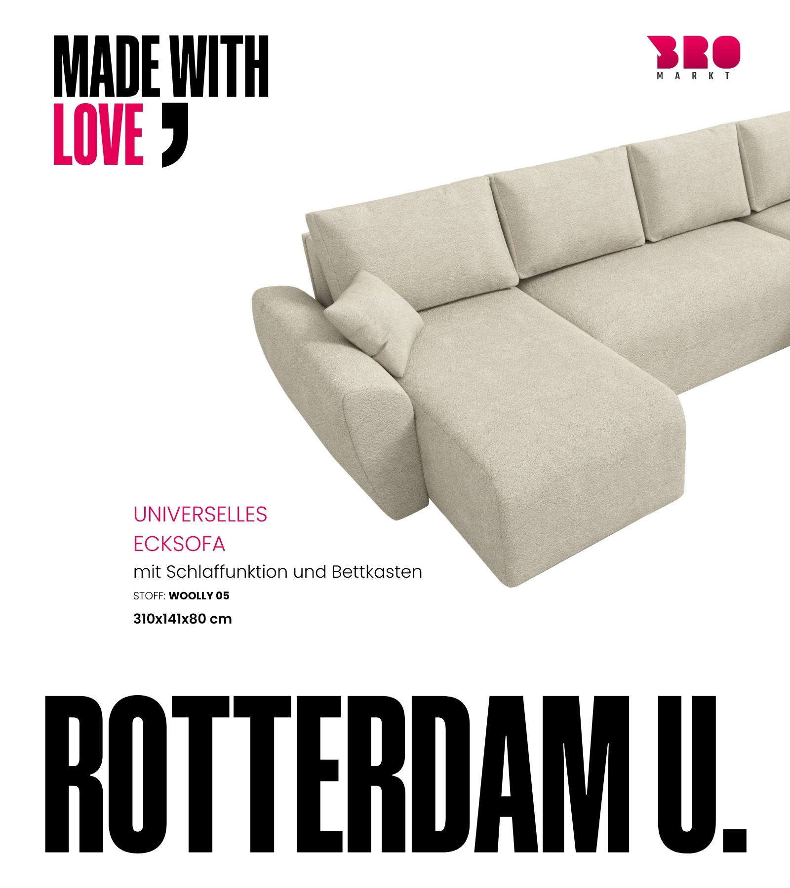WOHLANDSCHAFT Rotterdam U mit Schlaffunktion Beige Bouclé - Grau, Textil (310/80/141cm) - Bromarkt