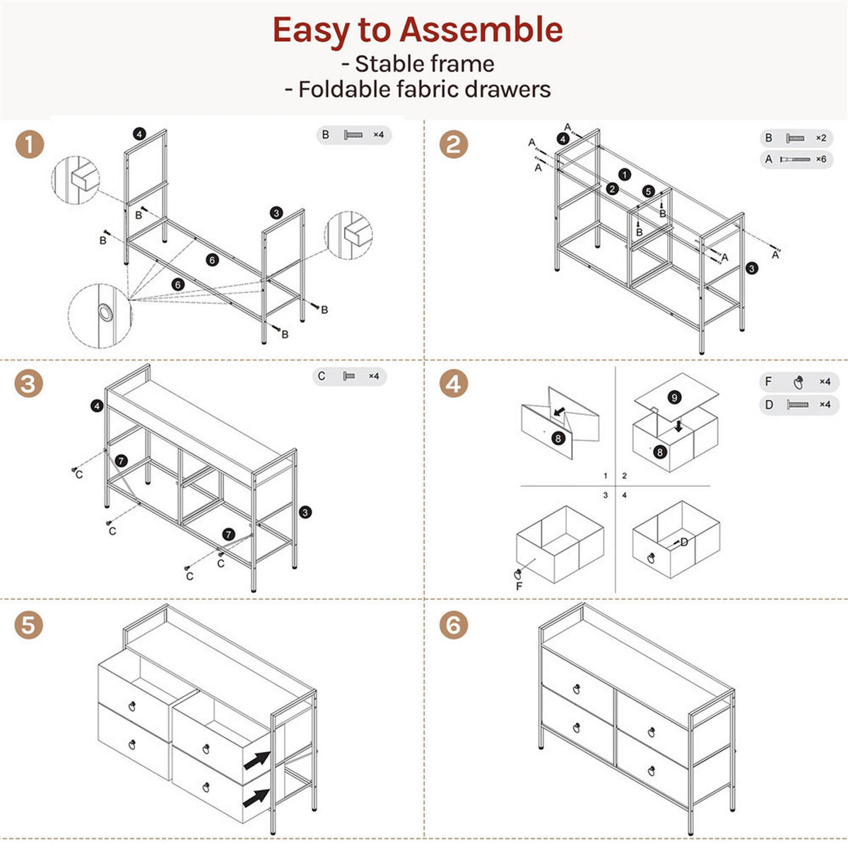 KOMMODE Stoff 4 Schubladen Sideboard 100x69x29 cm - Braun, Metall (100/69/29cm) - Kaket