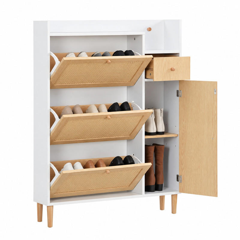 SCHUHSCHRANK mit 3 Klappen und Schublade 90x125x17 cm Natur/Weiß - Weiß, Holzwerkstoff (17/125/90cm) - Beauniv