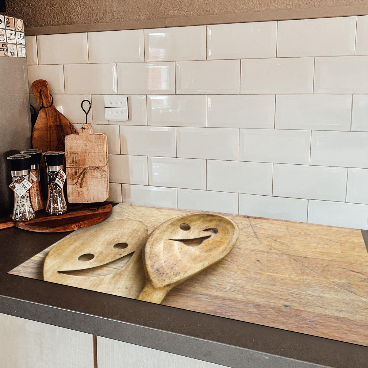 HERDABDECKPLATTE Holz - Löffel - Braun - Smiley 83x51 cm - Hellbraun, Kunststoff (83/0.2/51.5cm) - MuchoWow