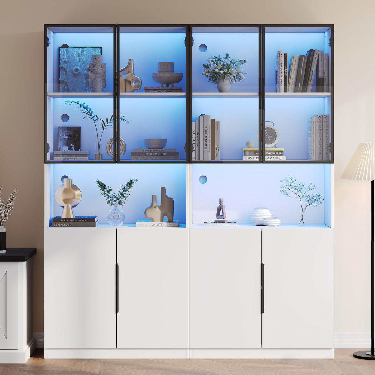 VITRINE LED Glastüren Bücherregal 200cm Weiß - Weiß, Holzwerkstoff (160/200/30cm) - FLIEKS