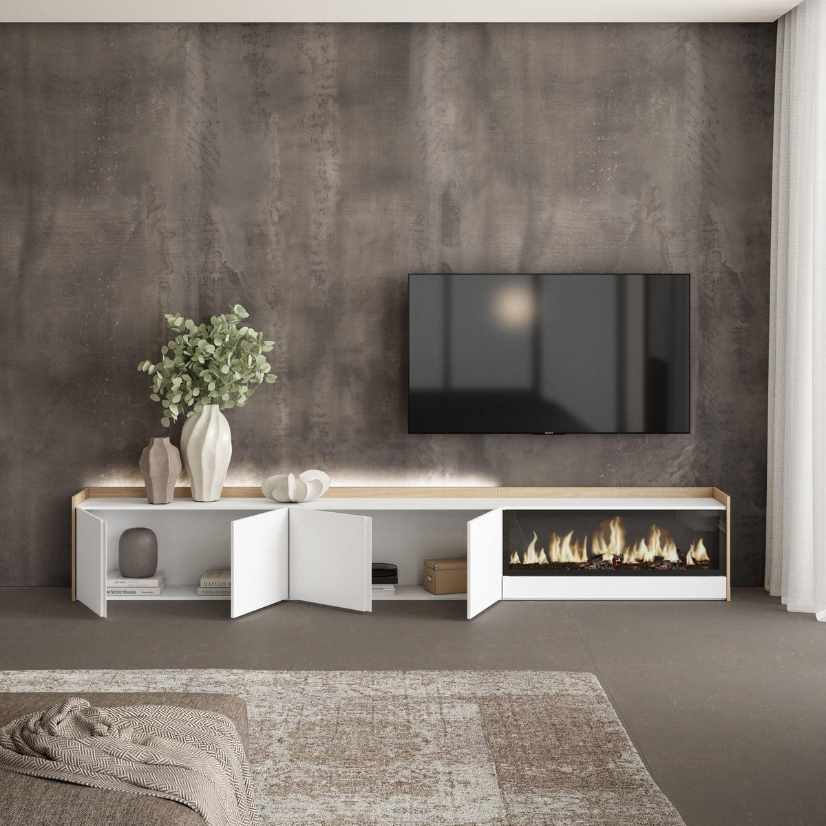 LOWBOARD, Weiß und Eiche, 315/35/50cm, Kamin mit Feuereffekt XXL - Weiß, Holzwerkstoff (315/50/35cm) - Skraut Home